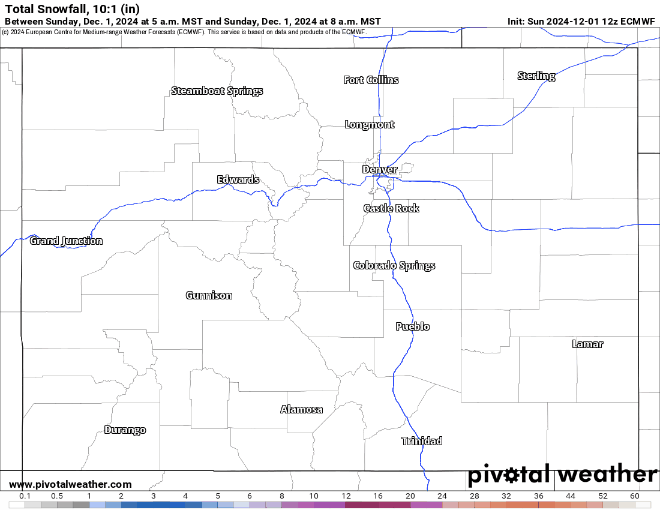 An ECMWF Total snowfall 10:1 (in) forecast model loop map from 8 a.m., Sunday, Dec. 1 to 5 a.m., Tuesday, Dec. 10, 2024 for Colorado. Snowfall is forecast to begin Sunday, Dec. 8 in the afternoon, bringing a wintry mix back to the state after a prolonged dry period spanning approximately 10 days. (PivotalWeather.com)