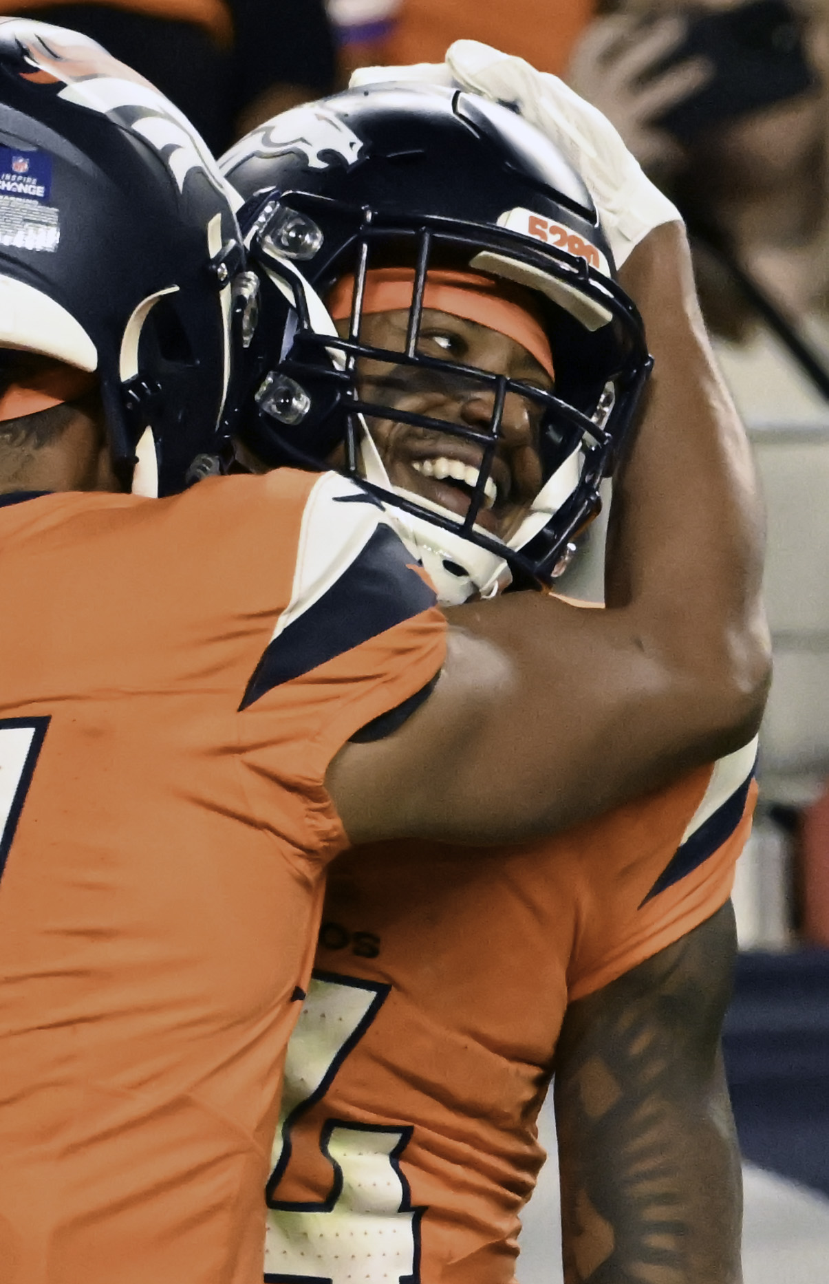 Denver Broncos wide receiver Courtland Sutton (14) celebrates with teammates after catching a touchdown pass during the second half of a game against the Colts. The Broncos defeated the Colts 31-13 at Empower Field at Mile High on Sunday, Dec. 15, 2024. (Jerilee Bennett,The Gazette)