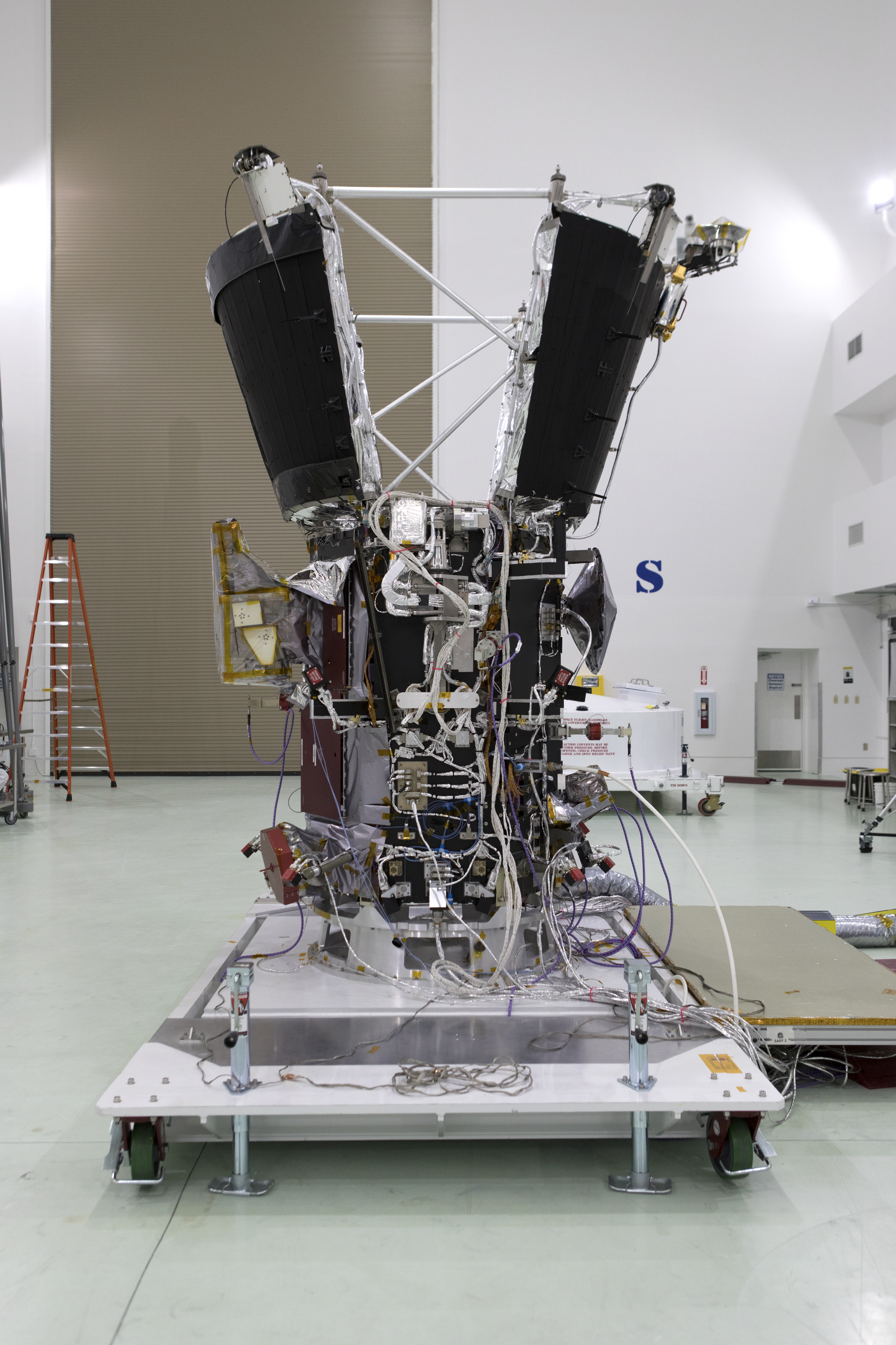 Antenna's on NASA's Parker Solar Probe are deployed for testing at the Astrotech processing facility in Titusville, Florida, near NASA's Kennedy Space Center on Thursday, April 19, 2018. (Courtesy, NASA) (NASA/Kim Shiflett)