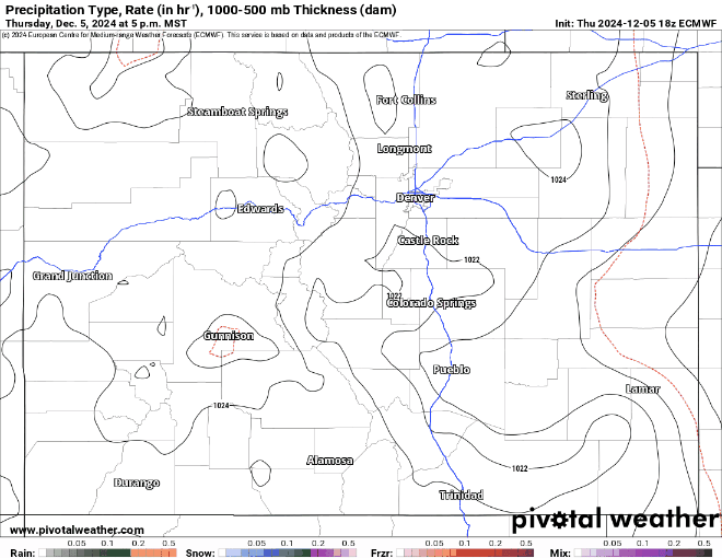 An ECMWF Precipitation Type, Rate (in/hr), 1000-500 mb Thickness (dam) forecast model loop for Colorado from Dec. 6-11, 2024. (PivotalWeather.com)