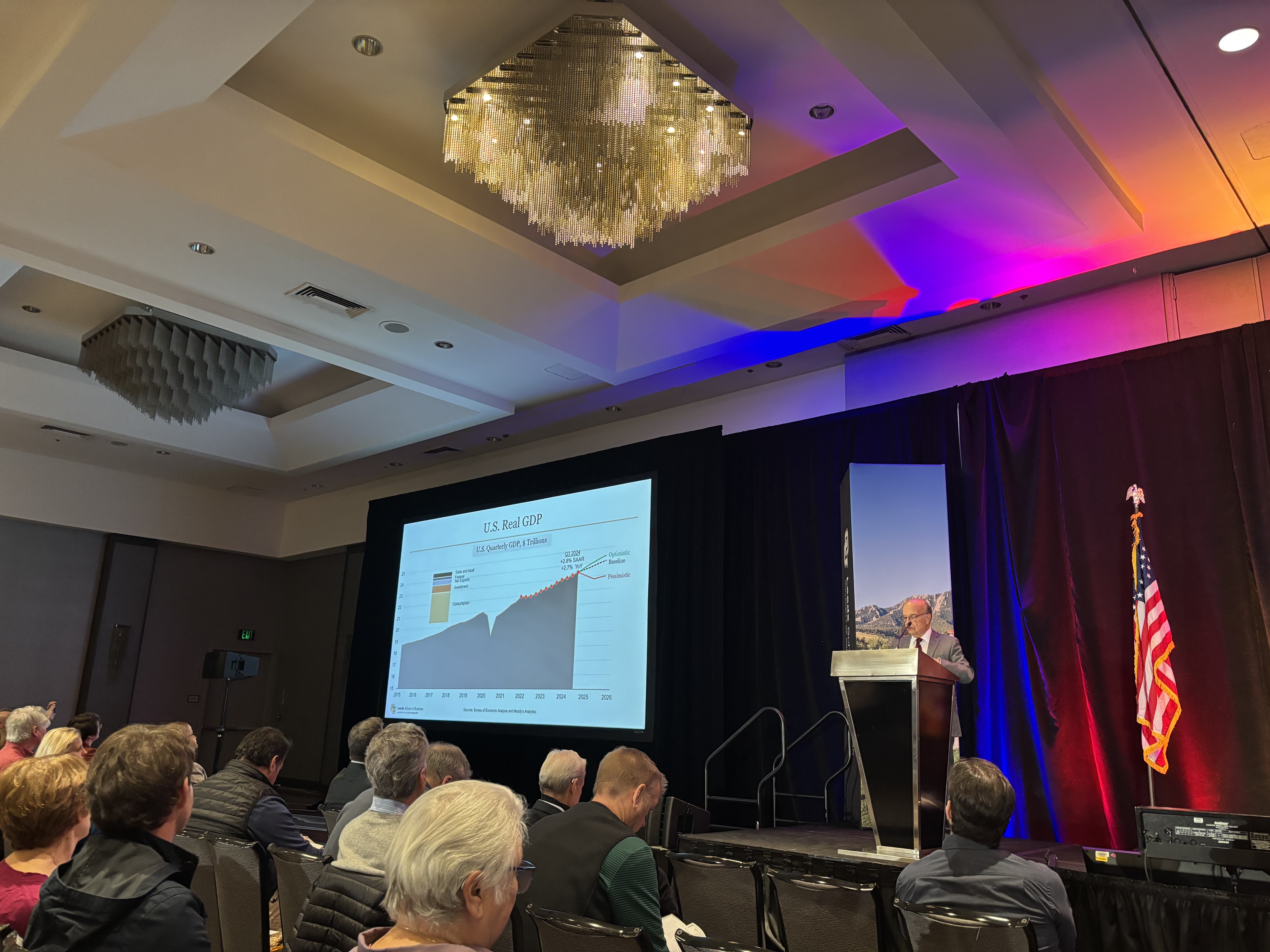 Senior Economist Richard Wobbekind presents the University of Colorado Boulder Colorado Business Economic Outlook 2025 at the Grand Hyatt hotel in Denver on Monday, Dec. 9, 2024. (Bernadette Berdychowski/Denver Gazette)