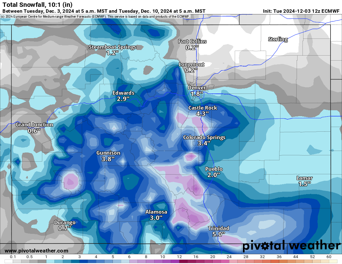 An ECMWF Total snowfall 10:1 (in) forecast map for Colorado at 5 a.m., Tuesday, Dec. 10, 2024. (PivotalWeather.com)