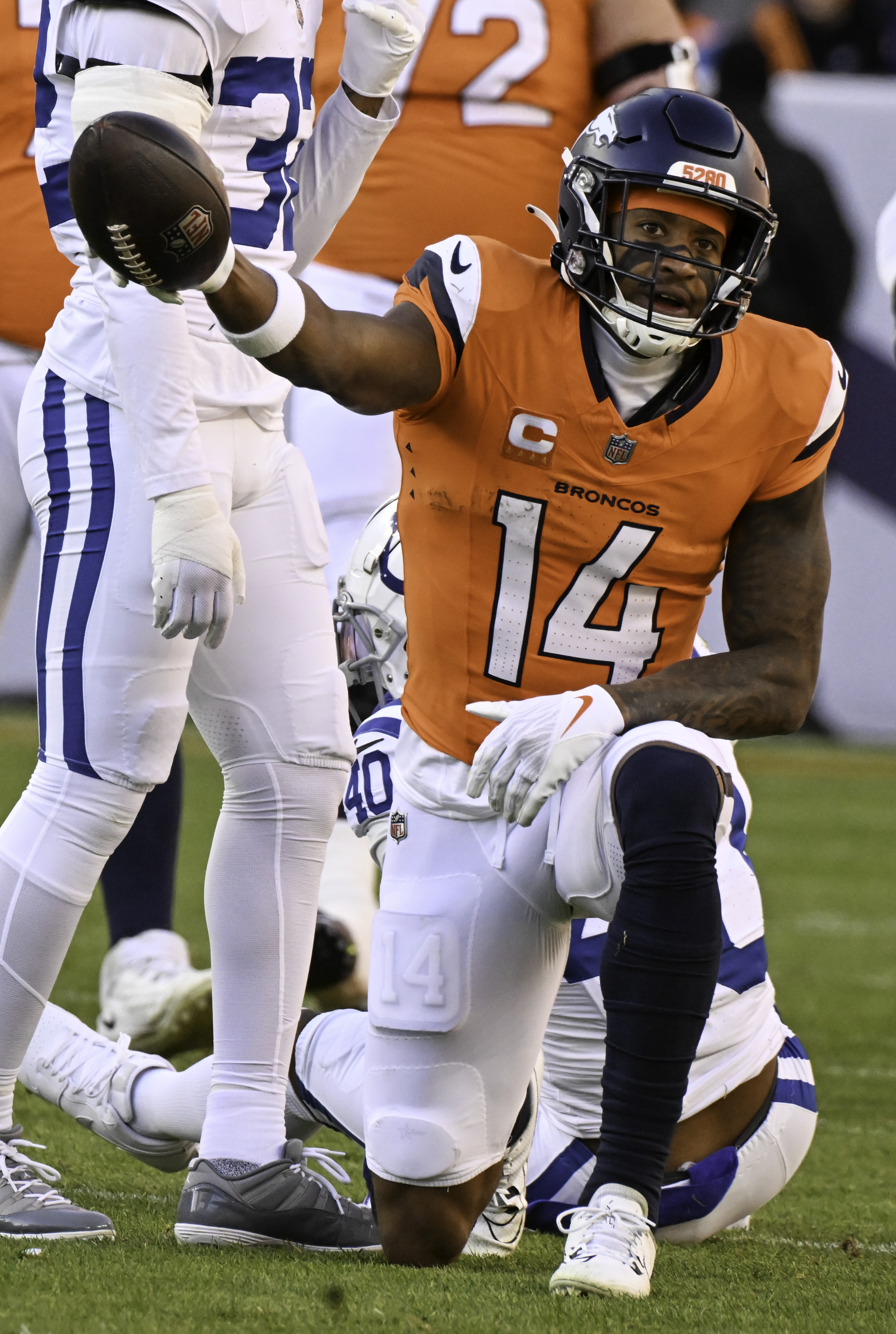 Denver Broncos wide receiver Courtland Sutton (14) signals a first down during a game against the Colts. The Broncos defeated the Colts 31-13 at Empower Field at Mile High on Sunday, Dec. 15, 2024. (Jerilee Bennett,The Gazette)