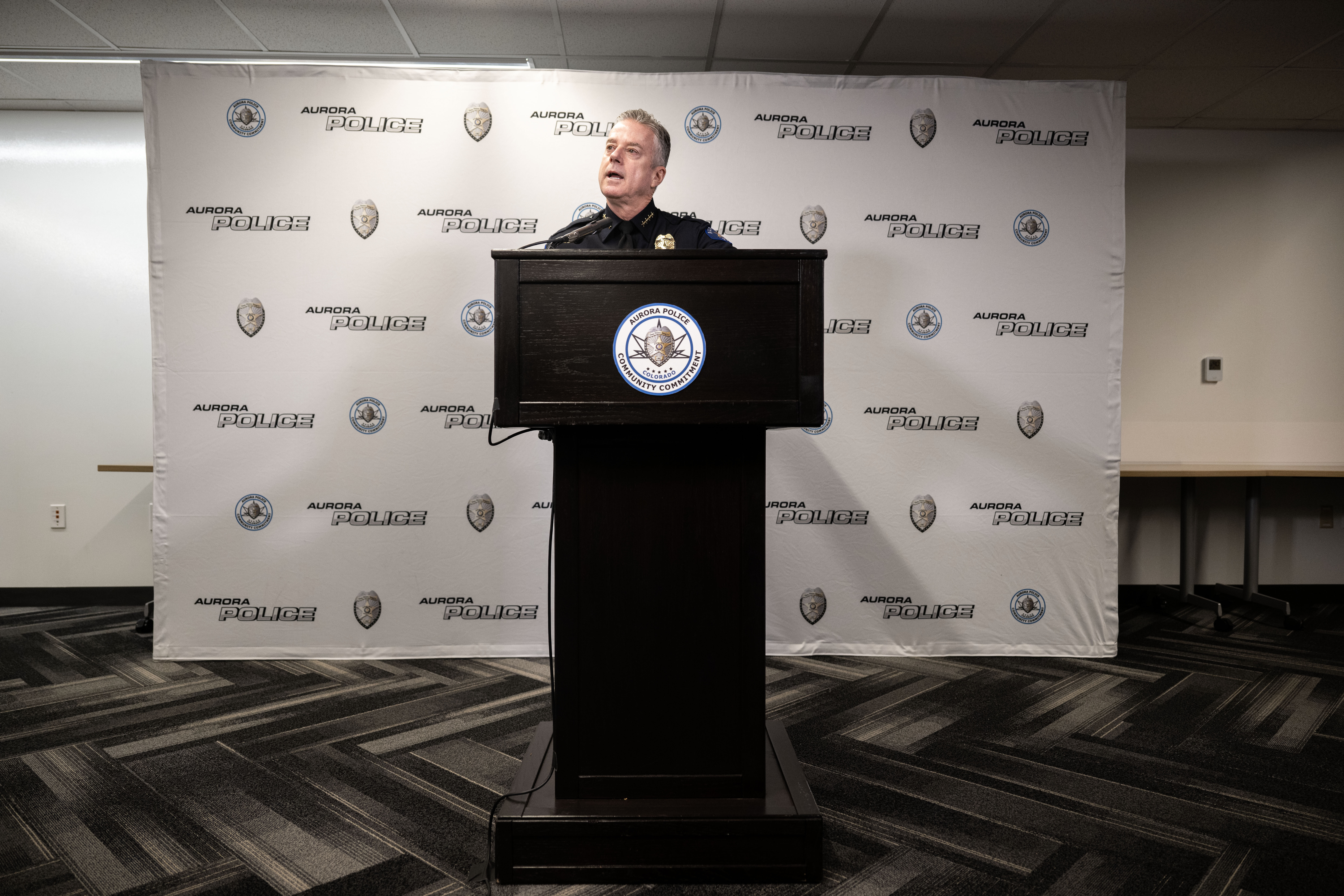 Chief of Police for the Aurora Police Department Todd Chamberlain addresses the media regarding a home invasion last night on Tuesday, Dec. 17, 2024. Fourteen people have been detained by Aurora police after officers responded to a report of a home invasion with weapons at The Edge at Lowry Apartments according to a press release from the department. (Stephen Swofford, Denver Gazette) (StephenSwoffordPhotographerstephen.swofford@gazette.comhttps://secure.gravatar.com/avatar/1ddcaf11c5d70eaa58546ddc4e038687?d=mm&r=g)