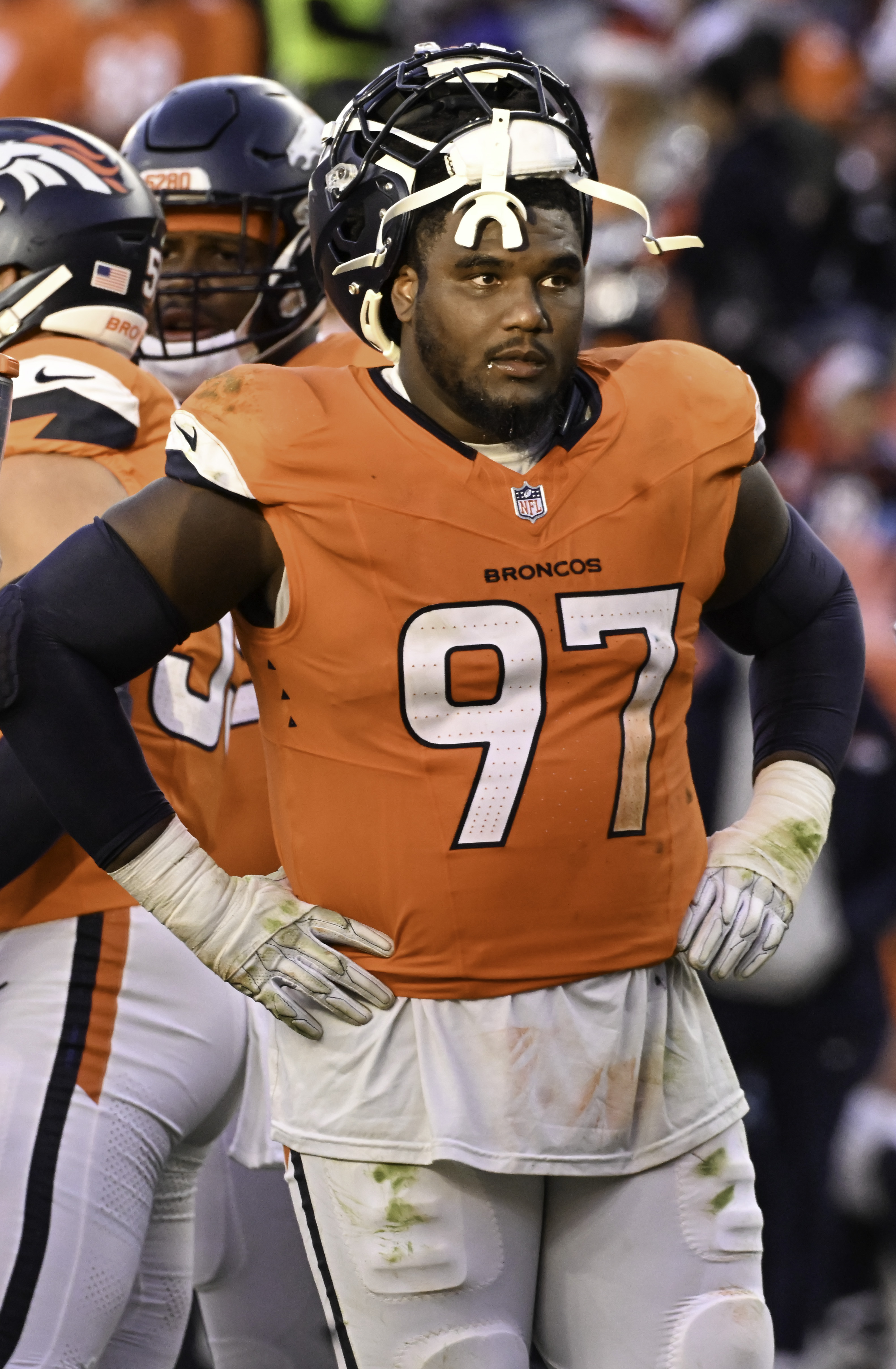 Denver Broncos defensive tackle Malcolm Roach (97) between plays during a game against the Colts. The Broncos defeated the Colts 31-13 at Empower Field at Mile High on Sunday, Dec. 15, 2024. (Jerilee Bennett,The Gazette)