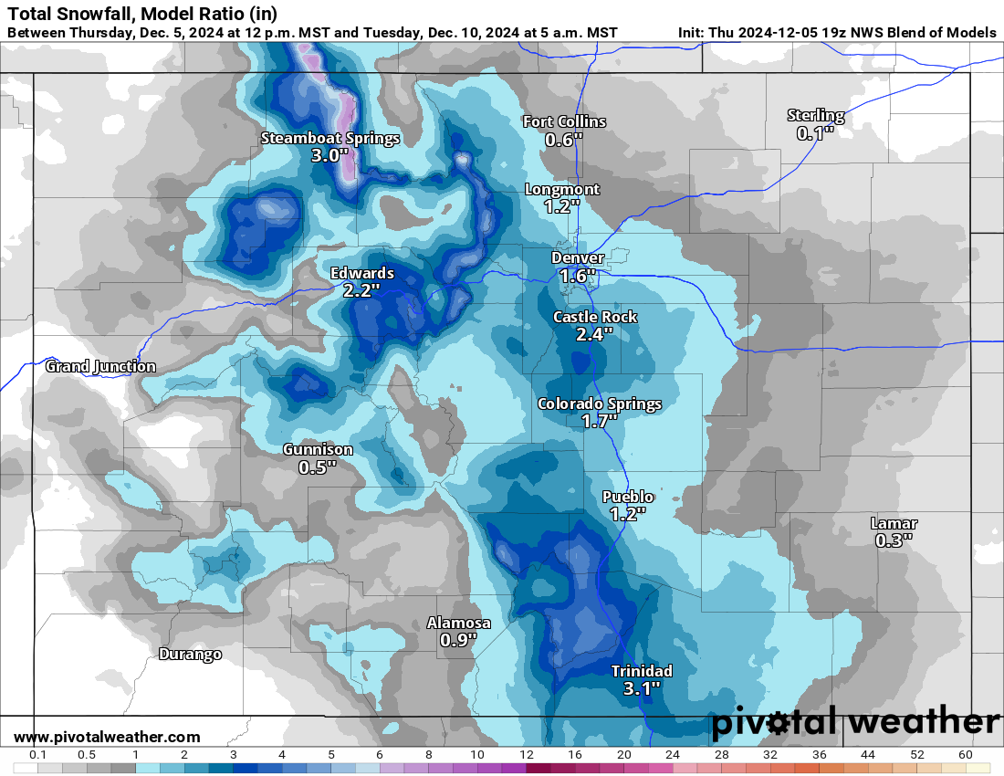 A NWS Blend of Models Total snowfall 10:1 (in) forecast model for Colorado for 5 a.m., Tuesday, Dec. 10, 2024. (PivotalWeather.com)