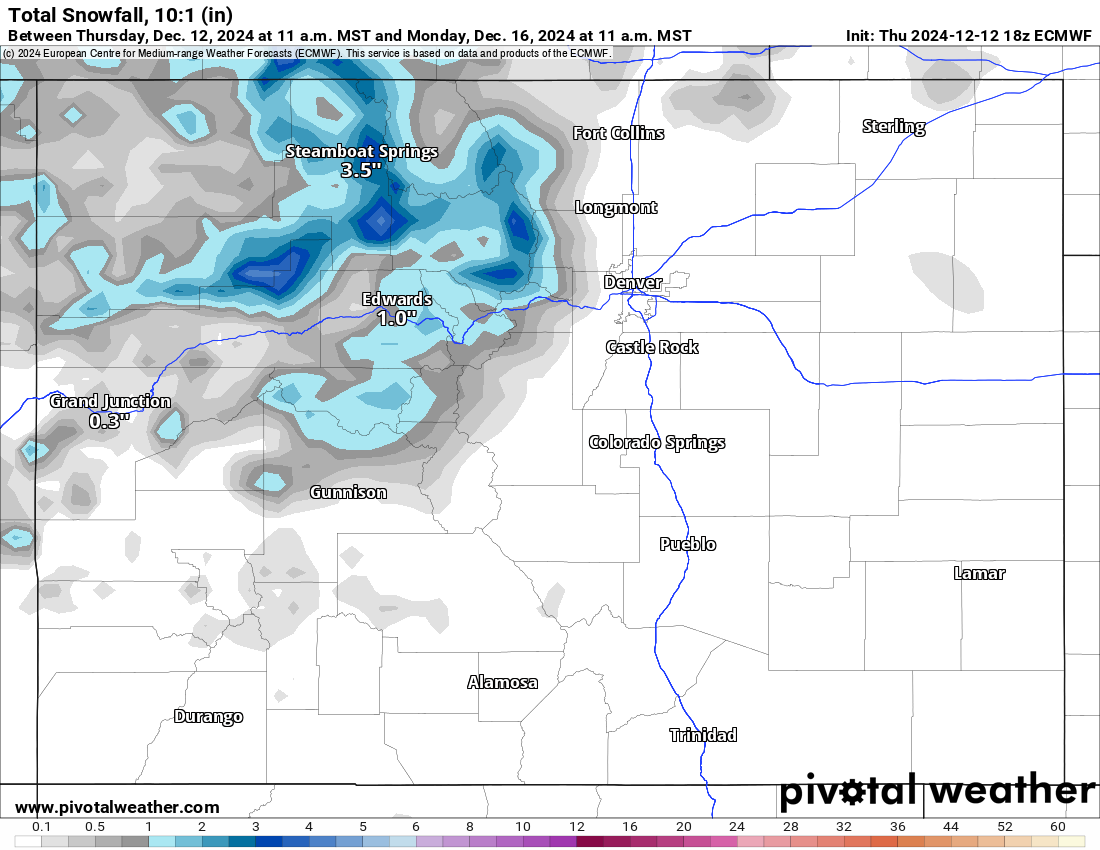 An ECMWF Total snowfall 10:1 (in) forecast model map of Colorado for snow accumulations by 11 a.m., Monday, Dec. 16, 2024.