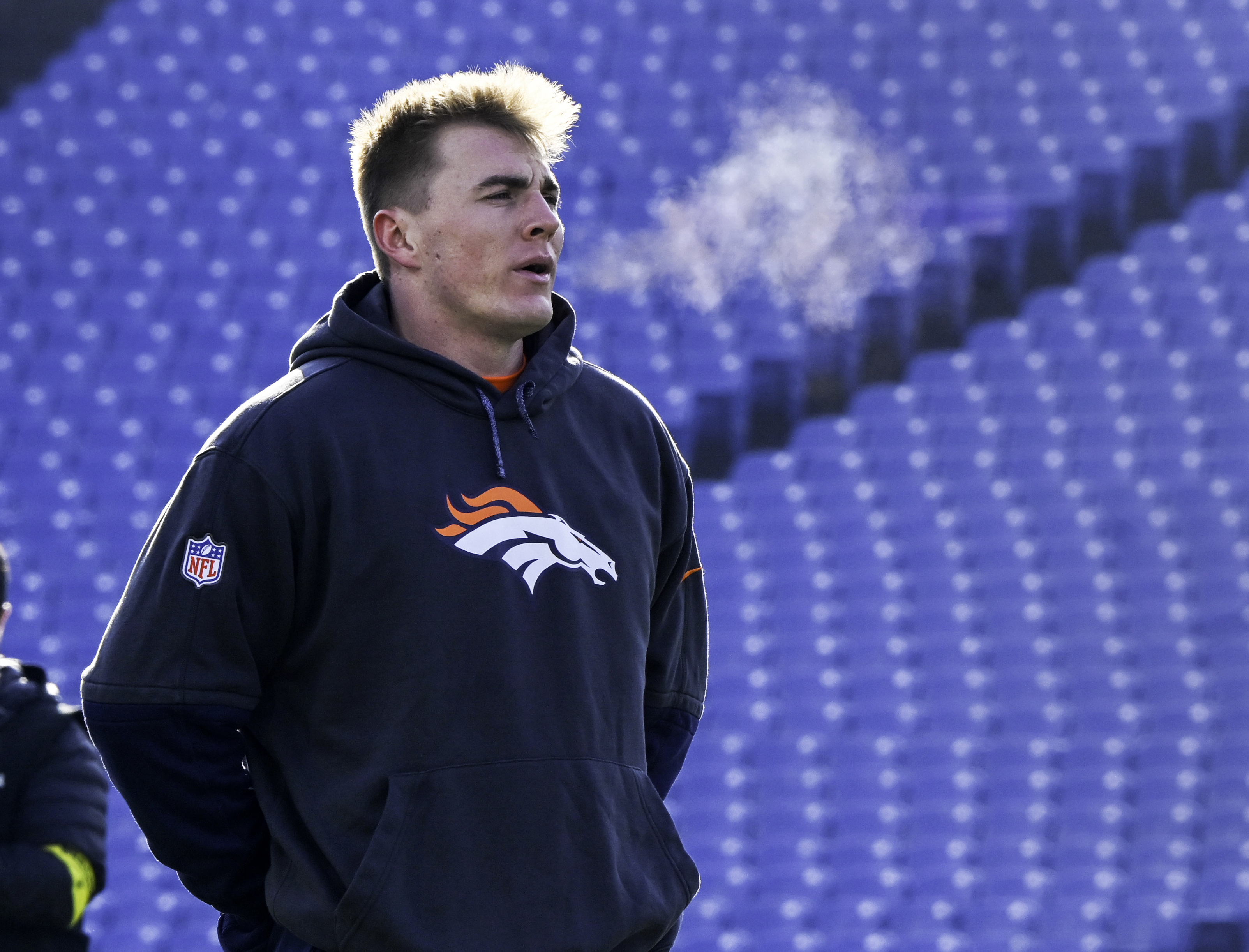 Denver Broncos quarterback Bo Nix (10) warms up before the wild card playoff game between the Broncos and the Bills at Highmark Stadium in Buffalo on Sunday, January 12, 2025. (Jerilee Bennett,The Gazette)