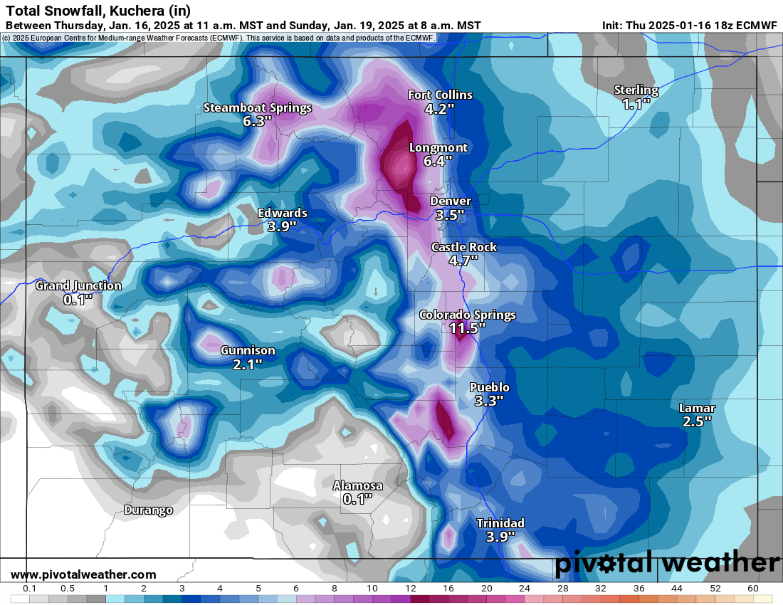 An ECMWF Total snowfall, Kuchera (in) forecast model map of Colorado from 11 a.m., Thursday, Jan. 16 to 8 a.m., Sunday, Jan. 19, 2025. (PivotalWeather.com)