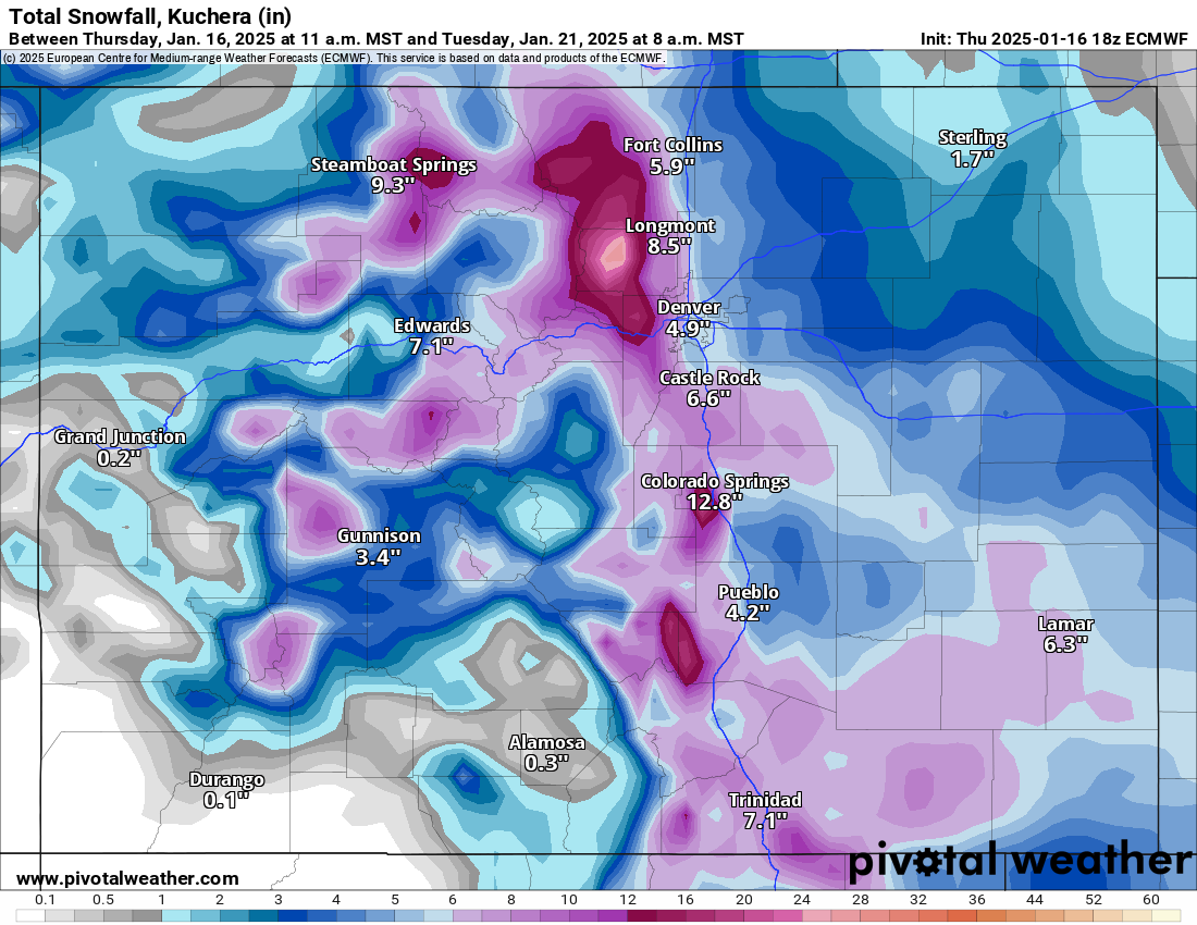 An ECMWF Total snowfall, Kuchera (in) forecast model map of Colorado from 11 a.m., Thursday, Jan. 16 to 8 a.m., Tuesday, Jan. 21, 2025. (PivotalWeather.com)