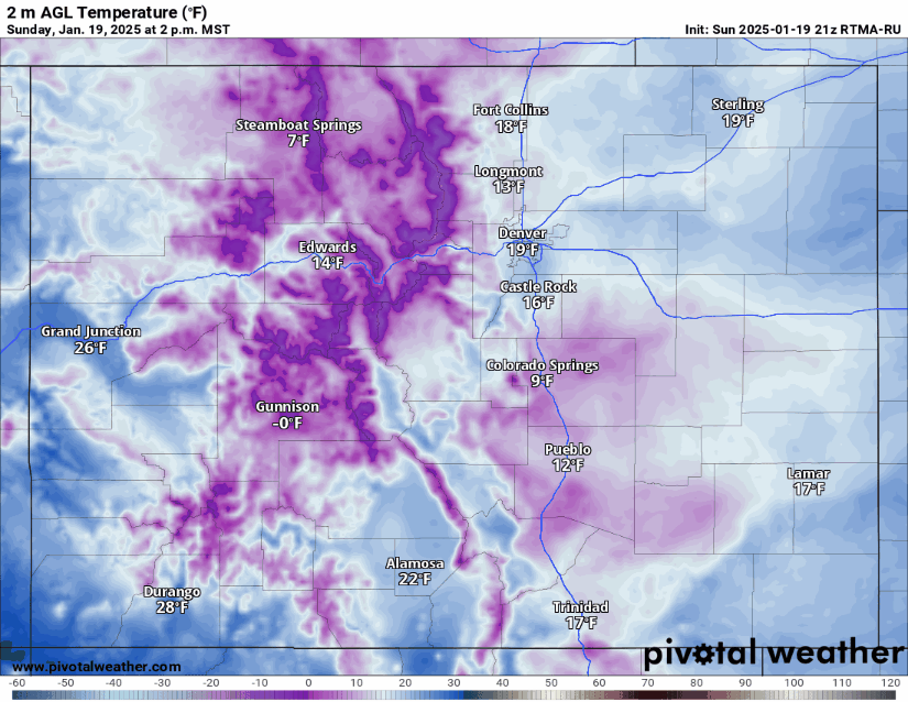 A Real-Time Mesoscale Analysis (RTMA) 2 m AGL Temperature map loop of Colorado air temperatures from January 19-21, 2025. Cold air backed into Colorado during an Arctic outbreak over the MLK Jr. weekend, bringing low temperatures of between -15 to -45 degrees to many communities and locations for extended periods of time. (PivotalWeather.com)