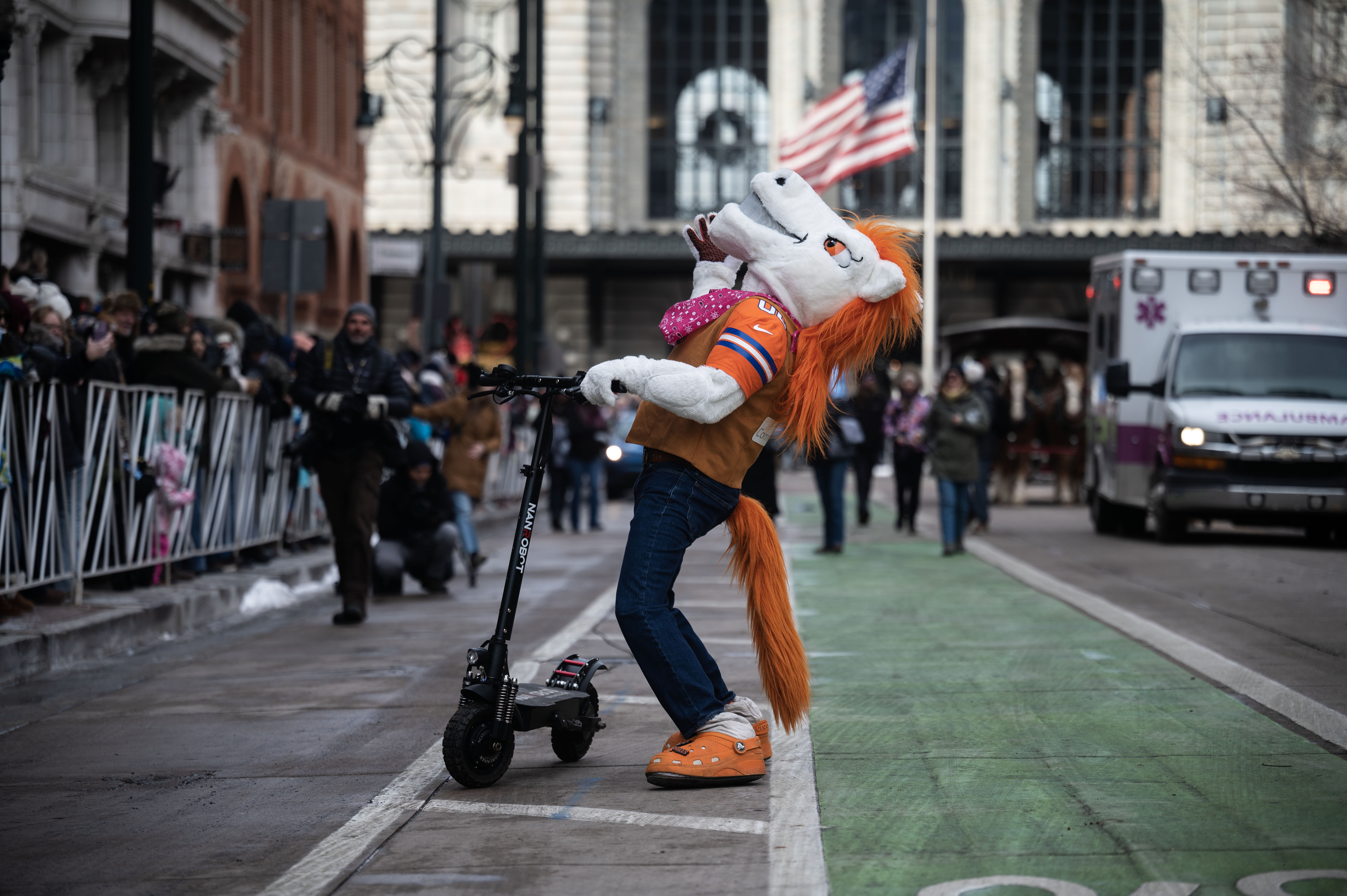Miles, the Broncos mascot, leads the crowd in a cheer during the National Western Stock Show opening day Parade down 17th street in Denver on Thursday, Jan. 9, 2025. (Stephen Swofford, Denver Gazette) (StephenSwoffordPhotographerstephen.swofford@gazette.comhttps://secure.gravatar.com/avatar/1ddcaf11c5d70eaa58546ddc4e038687?d=mm&r=g)