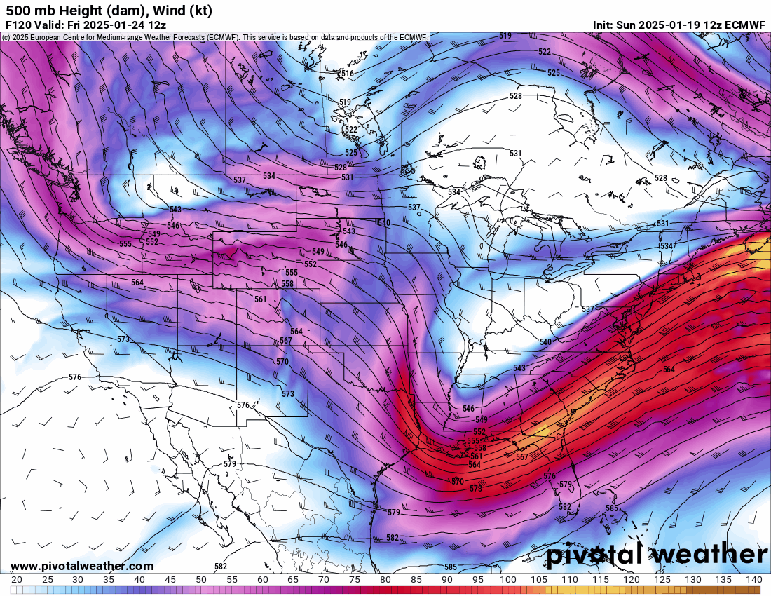 An ECWMF 500 mb Height (dam), Wind (kt) forecast model loop of the US from 5 a.m., Friday, Jan. 24 to 5 a.m., Friday, Jan. 31, 2025. (PivotalWeather.com)