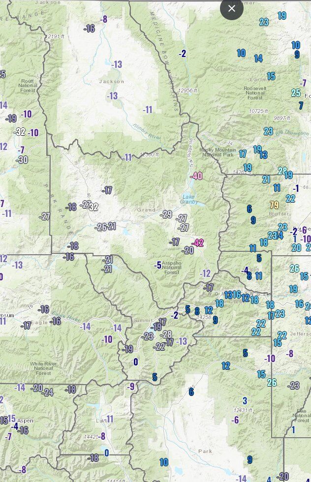The National Weather Service's Weather and Hazards Data Viewer shows low temperature recordings across north central Colorado on Tuesday, January 21, 2025 at 6:30 a.m., MST. (Courtesy, National Weather Service Boulder)