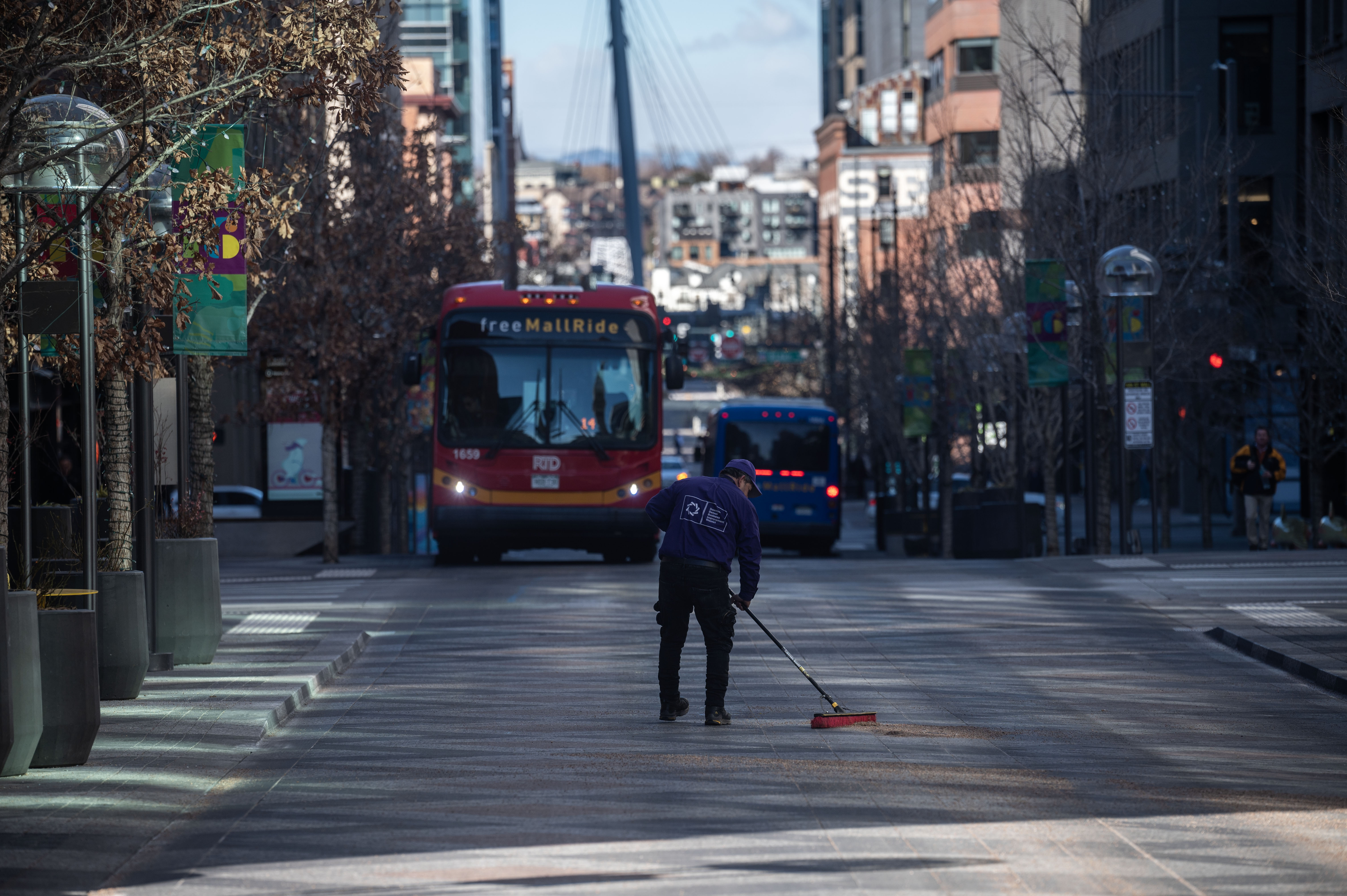 Workers sweep sand and salt from the street on the 16th Street Mall near Larimer on Monday, Jan. 13, 2025. Two people died and two others were injured in stabbings over the weekend. (Stephen Swofford, Denver Gazette) (StephenSwoffordPhotographerstephen.swofford@gazette.comhttps://secure.gravatar.com/avatar/1ddcaf11c5d70eaa58546ddc4e038687?d=mm&r=g)
