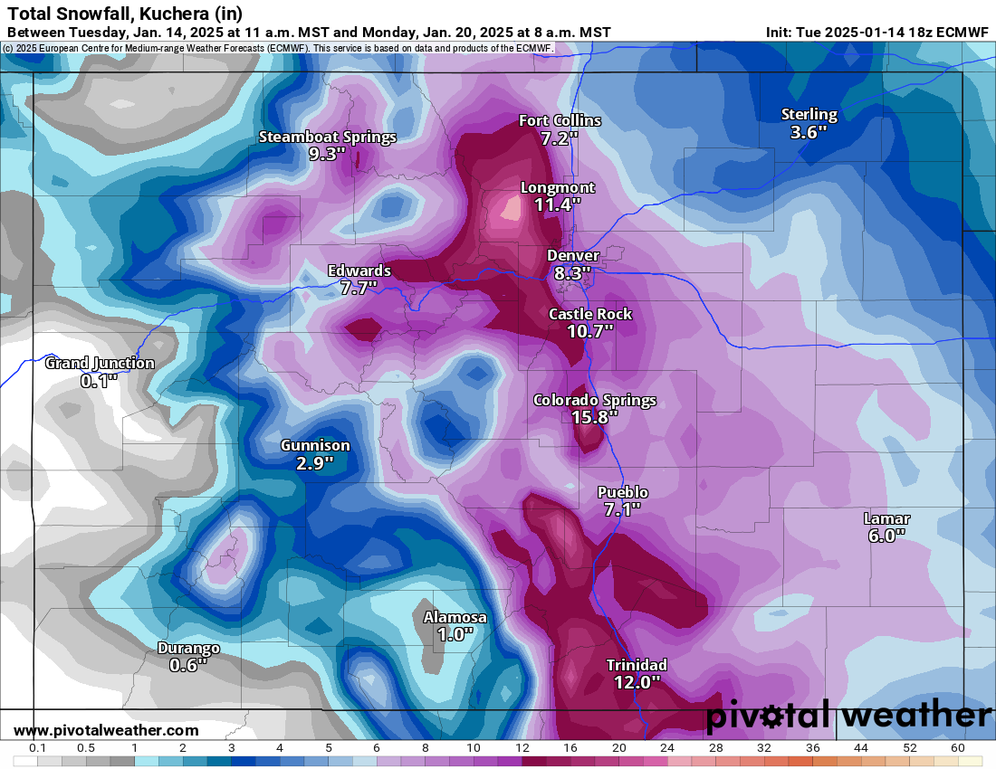 An ECMWF Total snowfall, Kuchera (in) forecast model map of Colorado from 11 a.m., Tuesday, Jan. 14 to 8 a.m., Monday, Jan. 20, 2025. (PivotalWeather.com)
