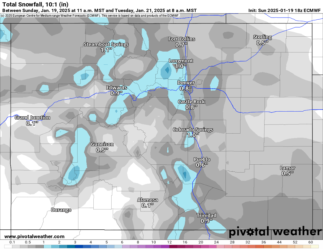 An ECMWF Total snowfall 10:1 (in) for Colorado from 11 a.m., Sunday, Jan. 19 to 11 a.m., Tuesday, Jan. 21, 2025. (PivotalWeather.com)