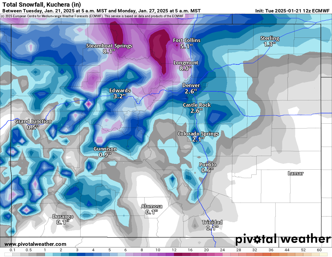 An ECMWF Total snowfall, Kuchera (in) forecast model map of Colorado from 5 a.m., Tuesday, Jan. 21 to 5 a.m., Monday, Jan. 27, 2025. (PivotalWeather.com)