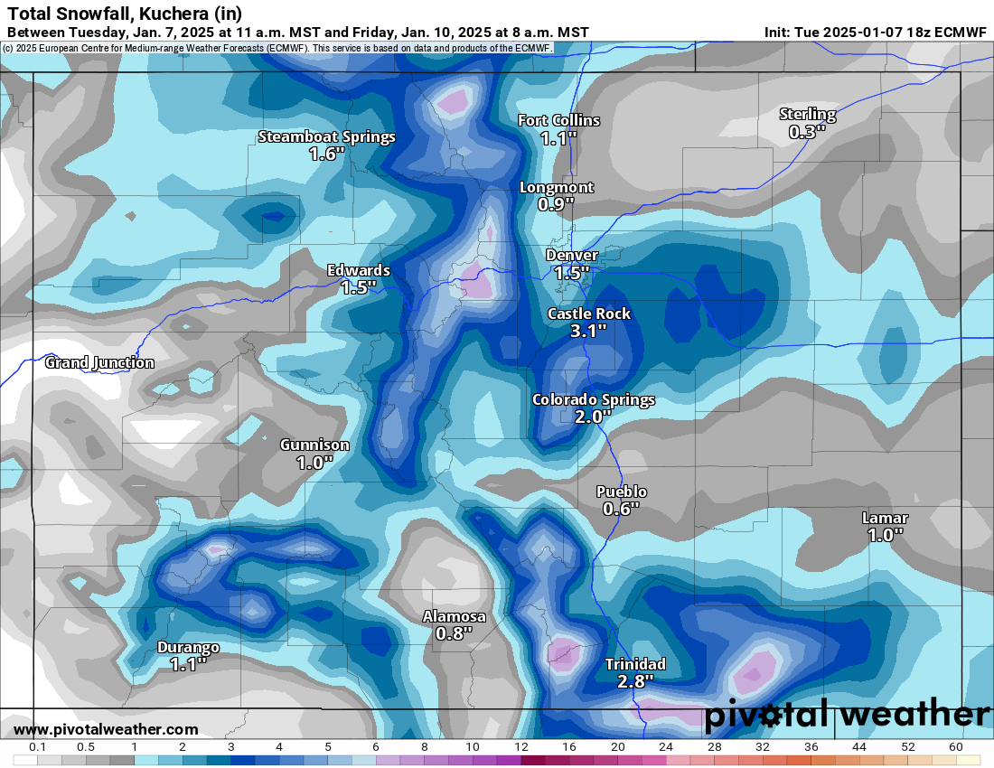 An ECWMF Total snowfall, Kuchera (in) forecast model for Colorado from 11 a.m., Tuesday, Jan. 7 to 8 a.m., Friday, Jan. 10, 2025. (PivotalWeather.com)