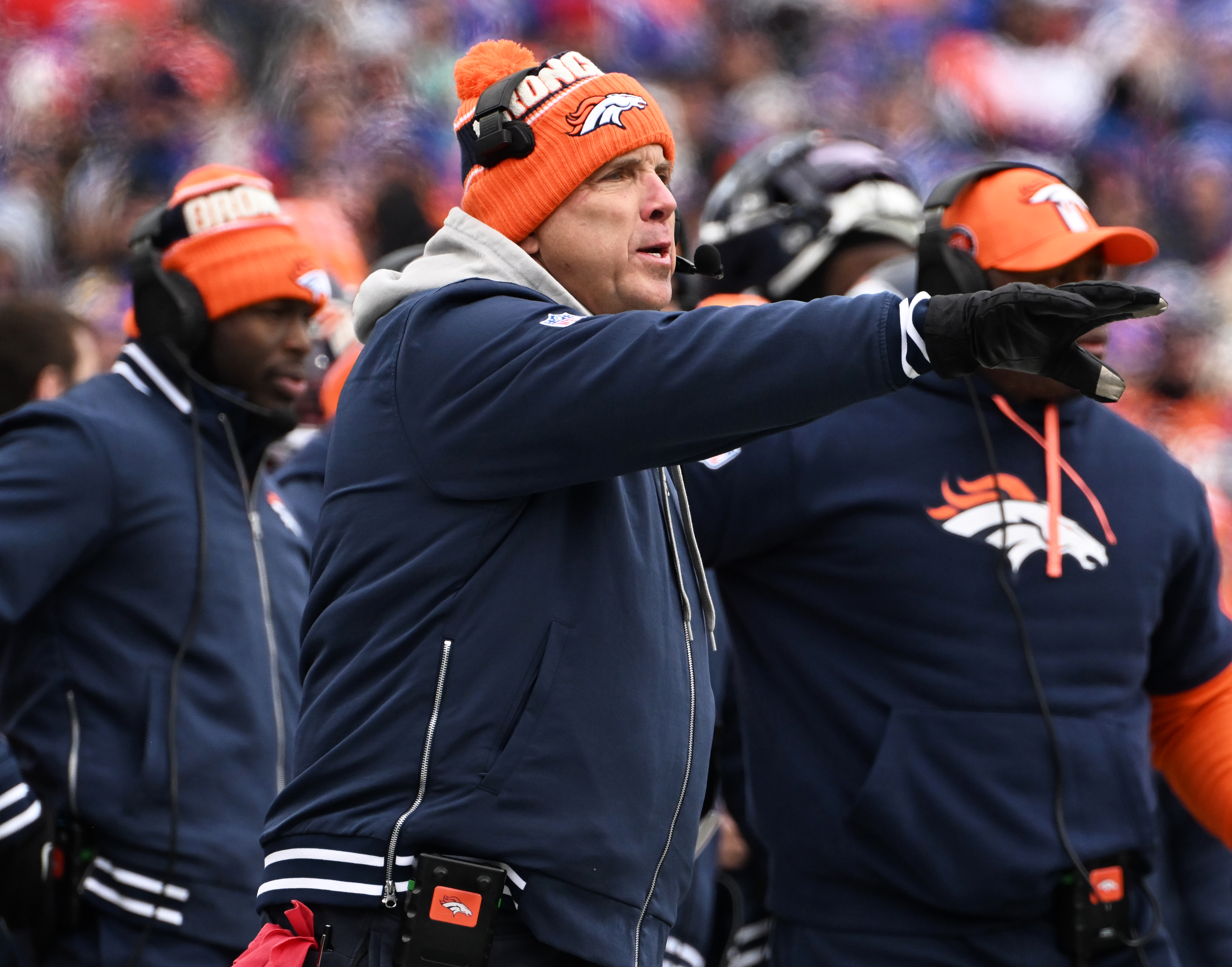 Denver Broncos Head Coach Sean Payton gives direction during the wild card playoff game against the Bills in Buffalo on Sunday, January 12, 2024. The Broncos lost the game 31-7. (Jerilee Bennett,The Gazette)