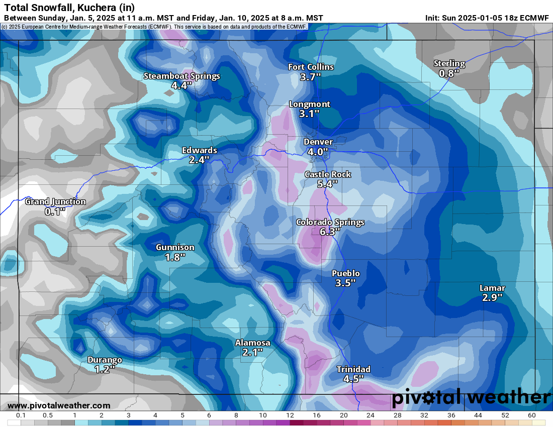 An ECWMF Total snowfall, Kuchera (in) forecast model for Colorado from 11 a.m., Sunday, Jan. 5 to 8 a.m., Friday, Jan. 10, 2025. (PivotalWeather.com)