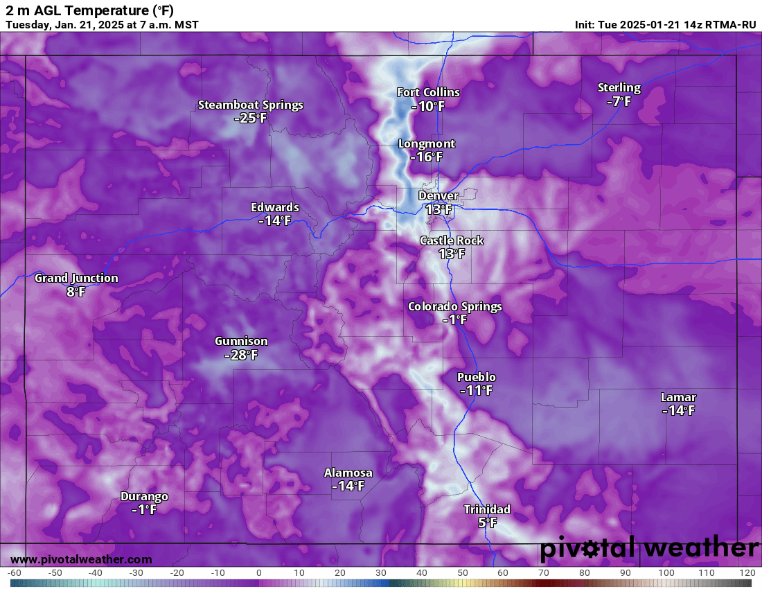 Cold temperature readings across Colorado