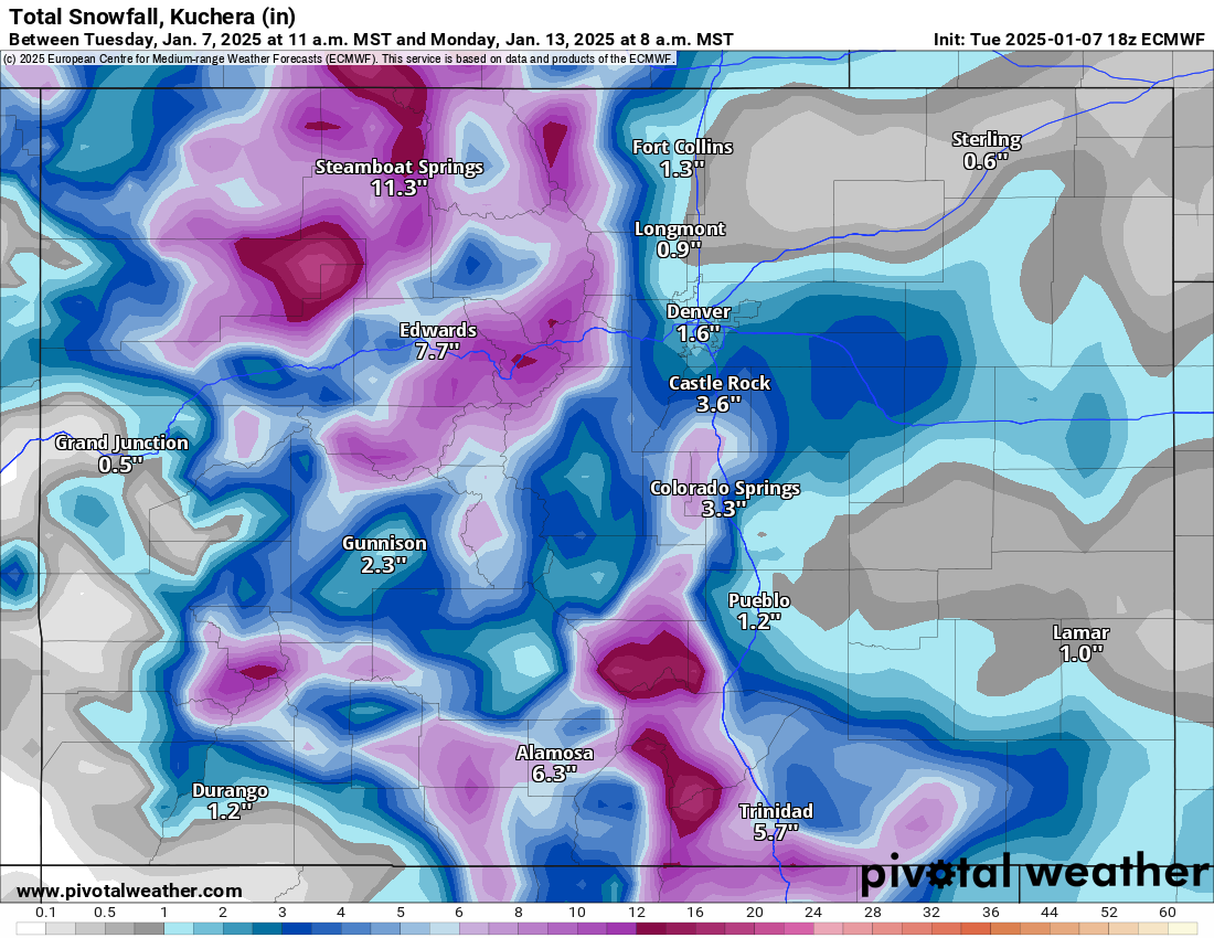 An ECWMF Total snowfall, Kuchera (in) forecast model for Colorado from 11 a.m., Tuesday, Jan. 7 to 8 a.m., Monday, Jan. 13, 2025. (PivotalWeather.com)