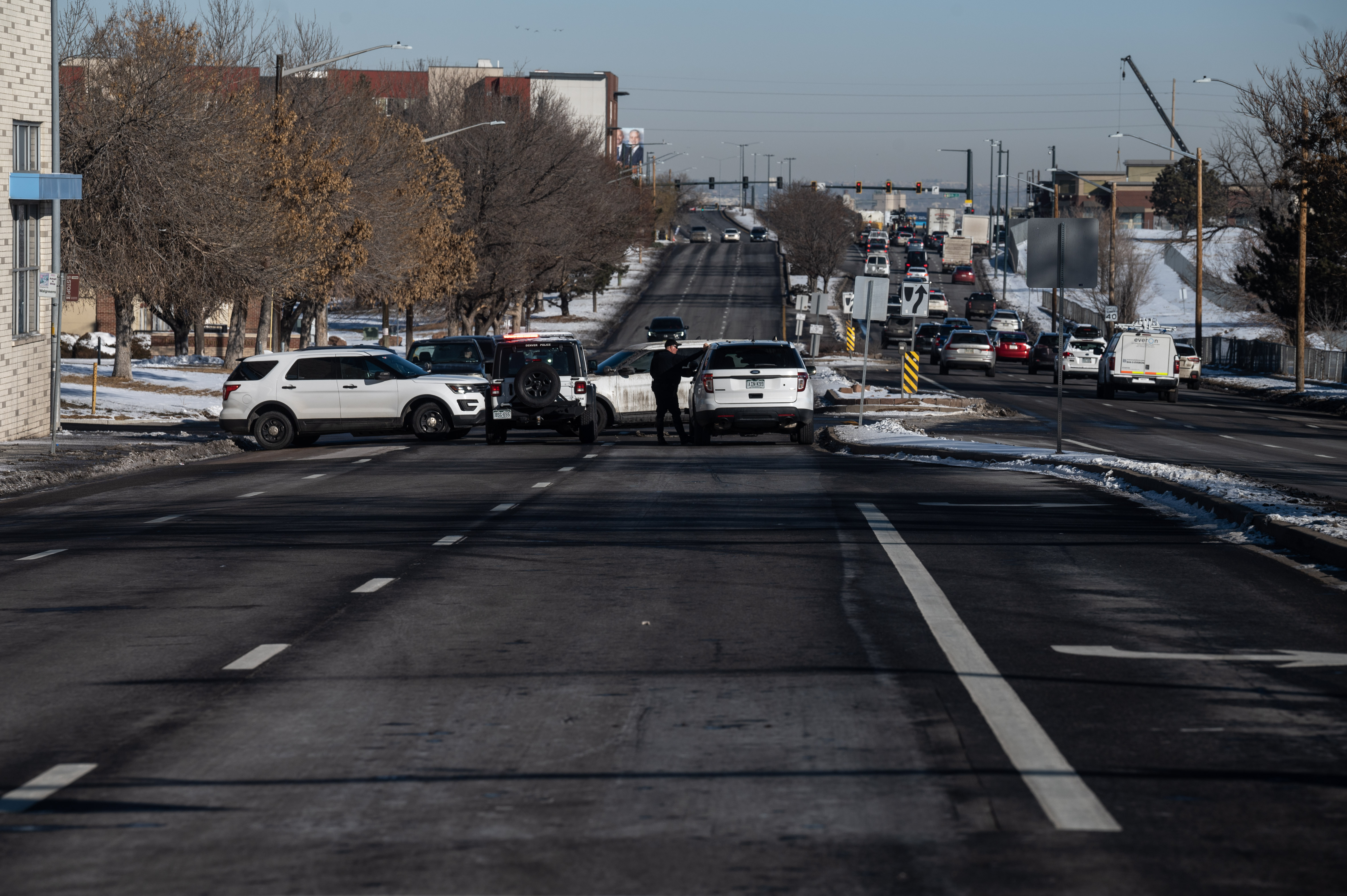 Police closed access to the southbound lanes of Colorado Boulevard as Crime Scene Investigators examine the scene of a shooting at a gas station on the corner of Colorado Blvd and E. 35th Ave in Denver on Monday, Jan. 27, 2025. (Stephen Swofford, Denver Gazette) (StephenSwoffordPhotographerstephen.swofford@gazette.comhttps://secure.gravatar.com/avatar/1ddcaf11c5d70eaa58546ddc4e038687?d=mm&r=g)