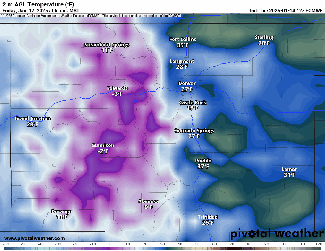 An ECMWF 2 m AGL Temperature (F) forecast model loop of Colorado from 8 a.m., Wednesday, Jan. 15 to 5 a.m., Thursday, Jan. 23, 2024. Low temperatures across Colorado's high country as well as eastern Plains are forecast to be between 10-30 degrees below 0 for five nights from Jan. 18-22. (PivotalWeather.com)