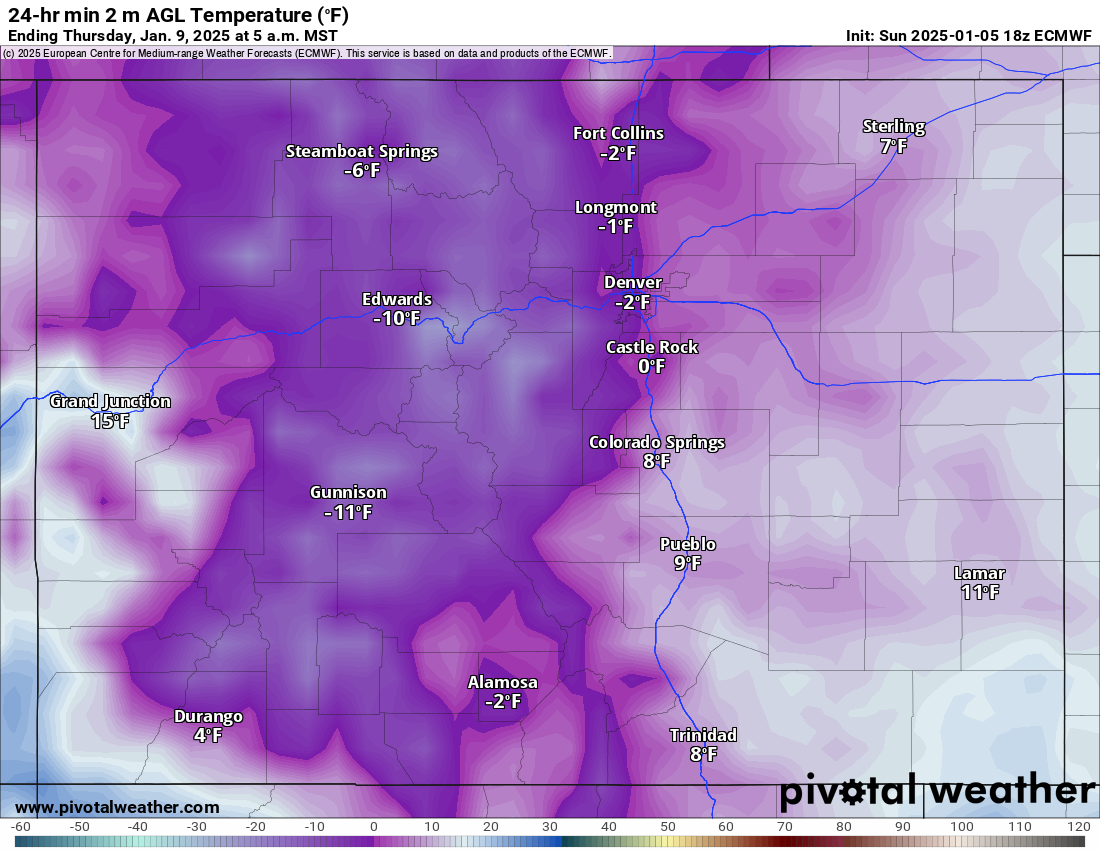 An ECMWF 24-hr min 2 m AGL Temperature (F) forecast model for Colorado for 5 a.m., Thursday, Jan. 9, 2025. Large areas of Colorado will experience well below 0 lows Thursday morning. (PivotalWeather.com)