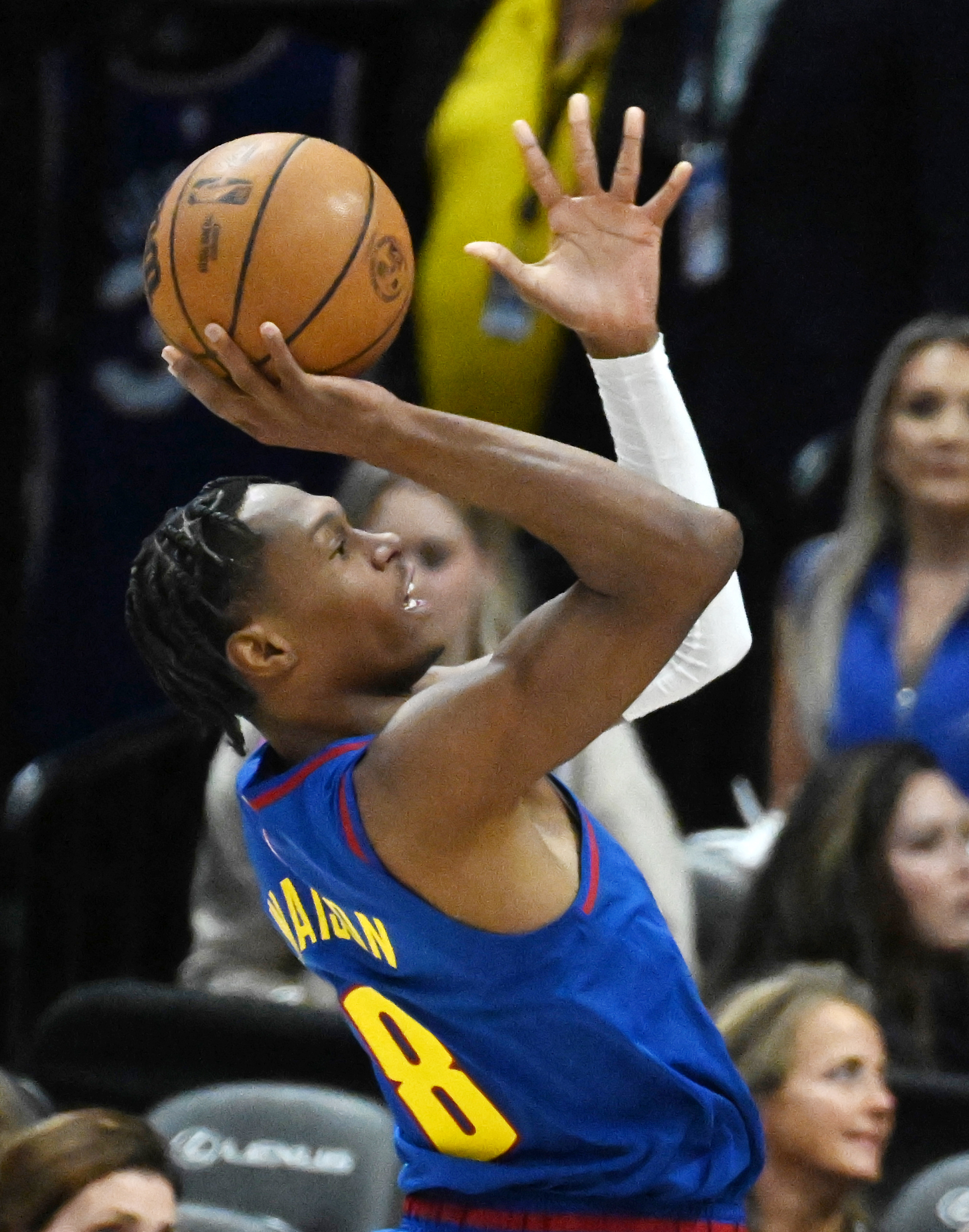 Denver Nuggets forward Peyton Watson (8) shoots the ball during game at Ball Arena on Thursday, Jan. 23, 2025. The Nuggets defeated the Kings 132-123. (Jerilee Bennett, The Gazette)