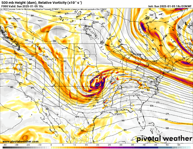An ECWMF 500 mb Height (dam), Relative Vorticity forecast model loop of the US for 11 a.m., Sunday, Jan. 5 to 11a.m., Saturday, Jan. 11, 2025. Winter storm Blair exits the Midwest Tuesday morning while a dipping area of low pressure makes its way into the desert southwest and pushes across Arizona and New Mexico, bringing snow to Colorado's Front Range. (PivotalWeather.com)