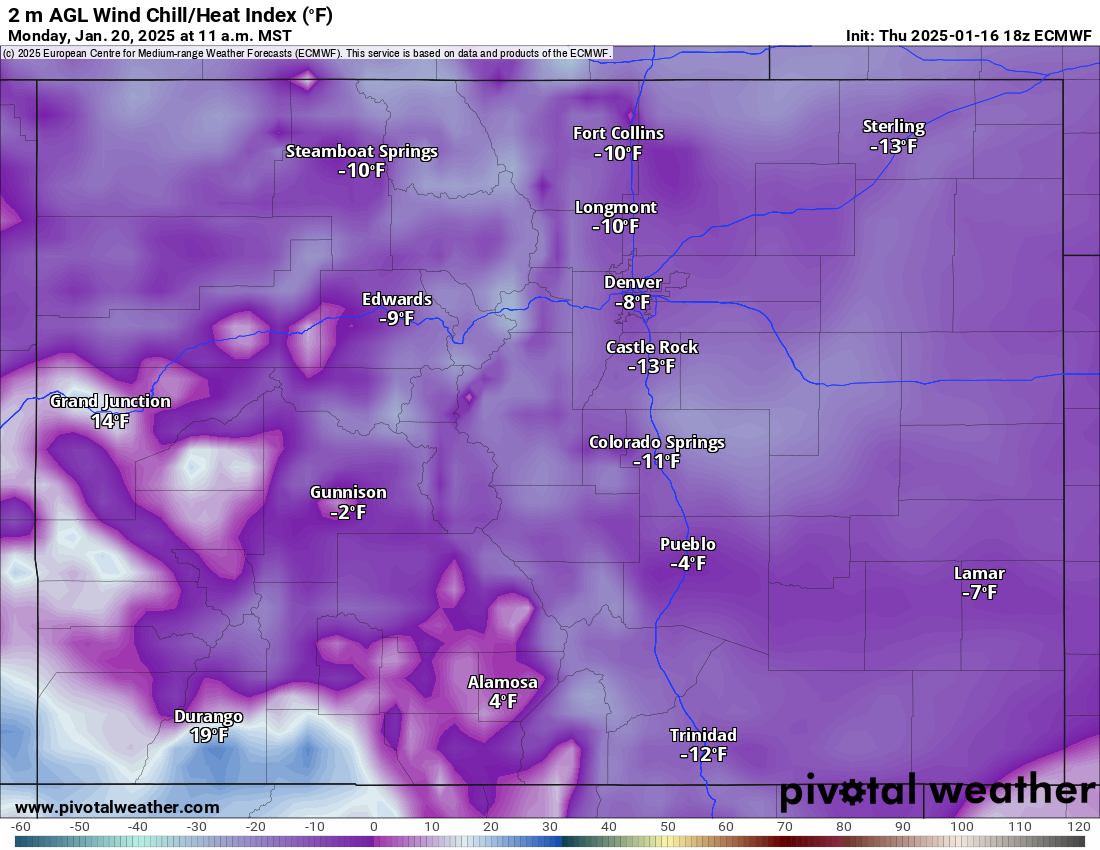 An ECMWF 2 m AGL Wind Chill/Heat Index (F) for Colorado on 11 a.m., Monday, Jan. 20, 2025. (PivotalWeather.com)