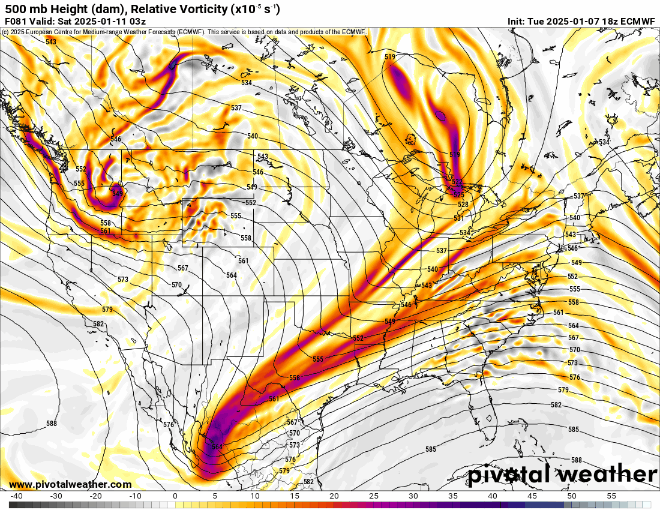 An ECMWF 500 mb Height (dam), Relative Vorticity forecast model of the US for 8 p.m., Friday, Jan. 9 to 5 p.m., Sunday, Jan. 11, 2025. (PivotalWeather.com)