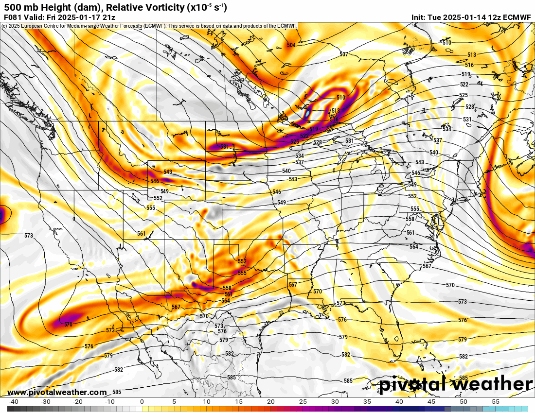 An ECMWF 500 mb Height (dam), Relative Vorticity forecast model loop for the US from 2 p.m., Friday, Jan. 17 to 11 a.m., Tuesday, Jan. 21, 2025. (PivotalWeather.com)