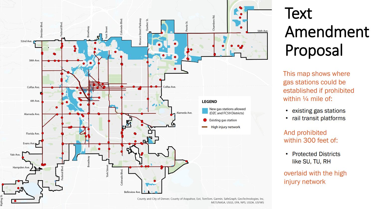A map prepared by the city's Community Planning and Development team shows where gas stations may be established as it related to a proposed text amendment to city code that would restrict the number of new gas stations that could be built in Denver. (City of Denver Community Planning and Development)