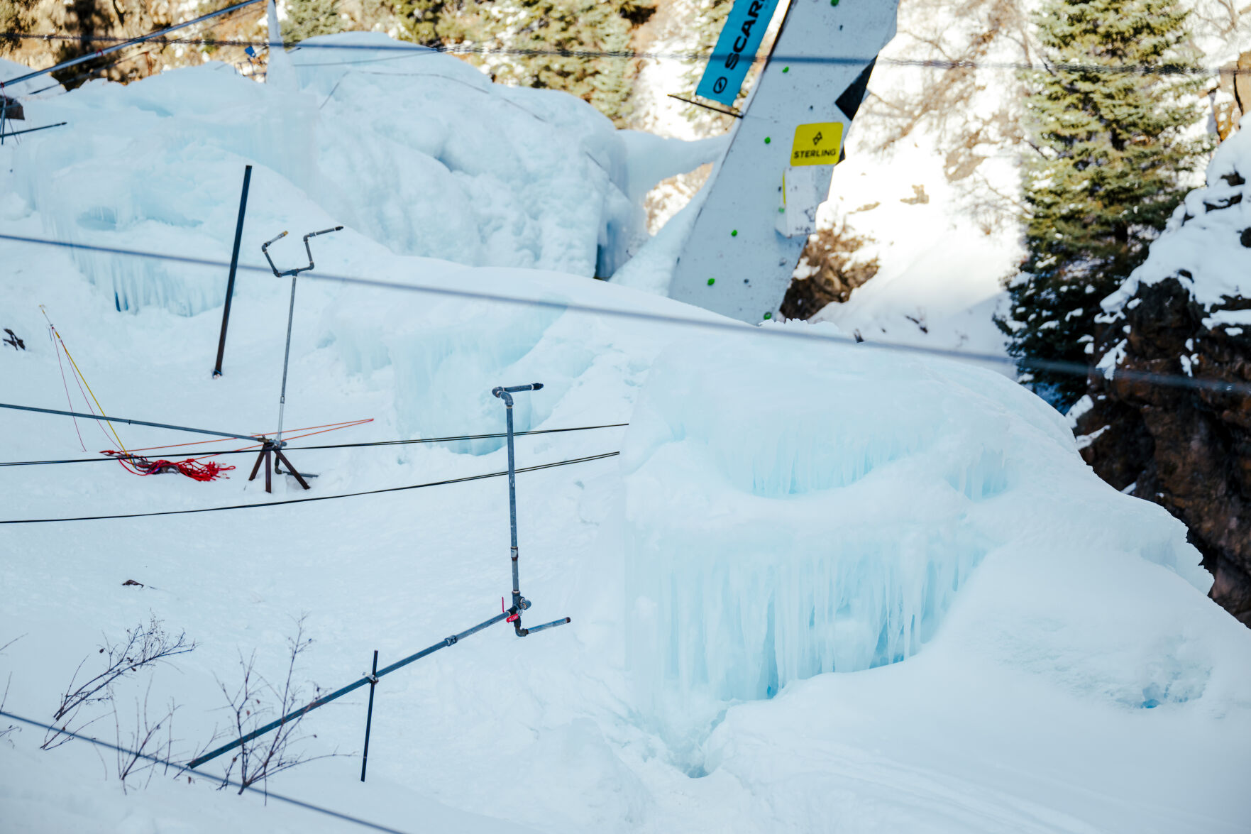 Water sprayers line the ridge of the Uncompahgre Gorge to farm ice for the Ouray Ice Park. Ice farmers manually turn them on each night. (Parker Seibold, The Gazette) (Parker Seibold)