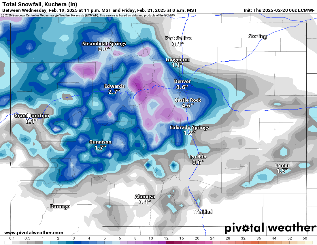 An ECMWF Total snowfall, Kuchera (in) forecast map of Colorado from 11 p.m., Wednesday, Feb. 19 to 8 a.m., Friday, Feb. 21, 2025. (PivotalWeather.com)