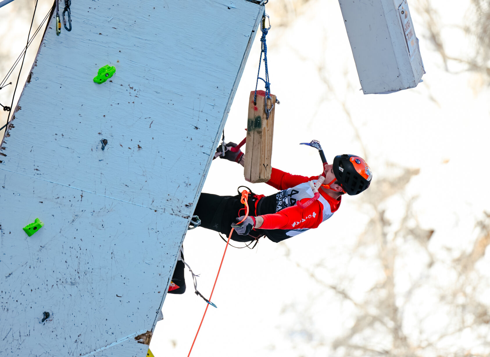 Tyler Howe reaches the top of the competition tower during the 30th Annual Ouray Ice Festival on Friday, Jan. 24, in Ouray, Colo. (Parker Seibold, The Gazette) (Parker Seibold)