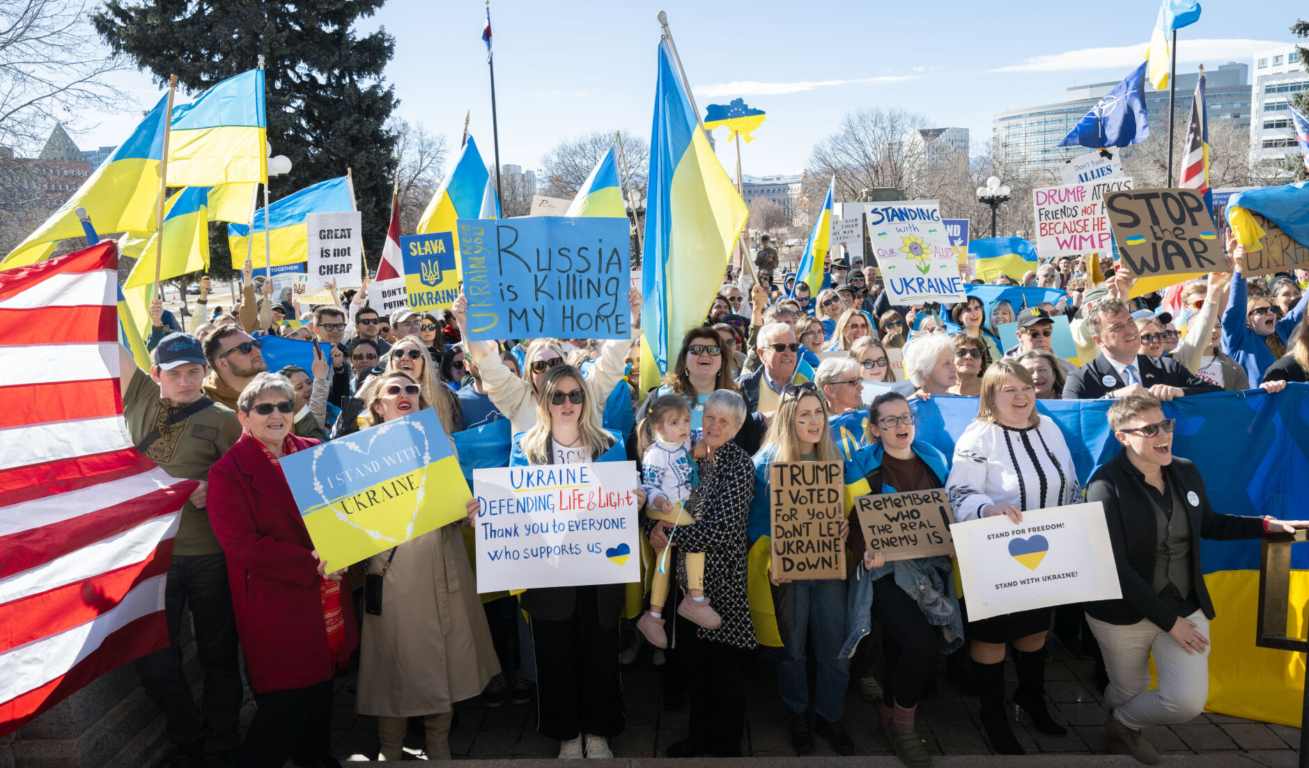 People listen to speakers at the steps of the Colorado State Capitol Sunday, Feb. 23, 2025, in Denver during a Stand for Ukraine Rally on the eve of the third anniversary of Russia's attack on Ukraine. About 1,000 people showed up at the rally organized by Ukrainians of Colorado. (The Gazette, Christian Murdock) (Christian Murdock, The Gazette)