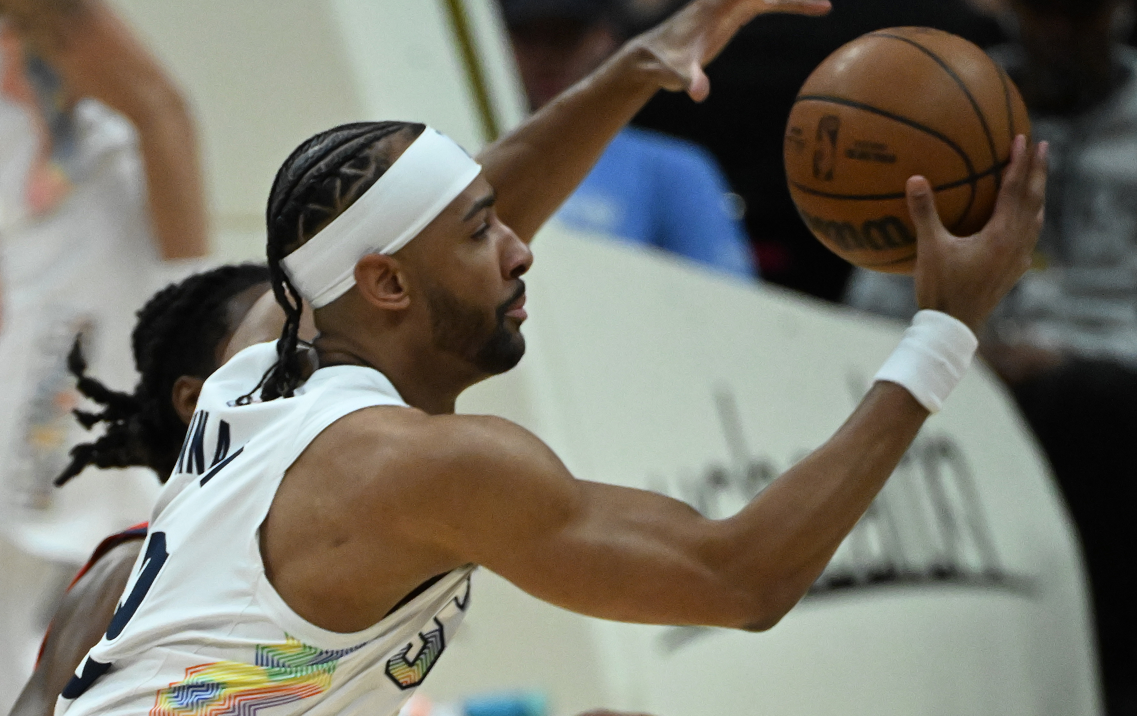 Nuggets Zeke Nnaji goes after a rebound during the first quarter of a game at Ball Arena on Wednesday, Feb. 5, 2025. (Jerilee Bennett,The Gazette)