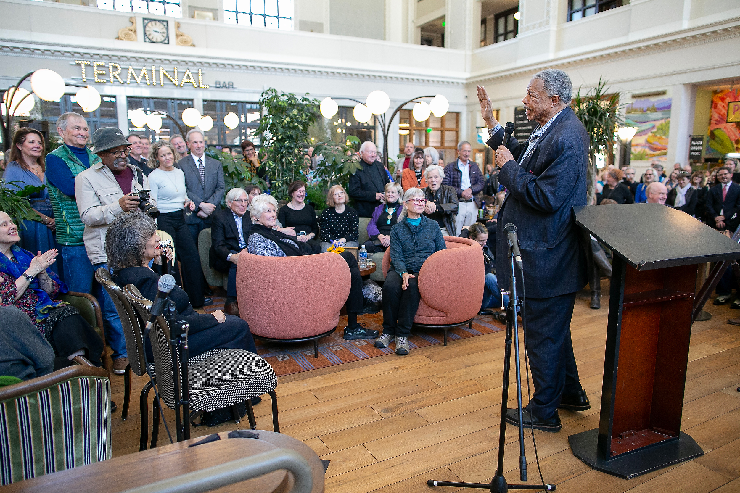 Former Denver Mayor Wellington Webb speaks to a packed crowd during the memorial service for Dana Crawford at Union Station in Downtown Denver, Colo., Sunday . Feb. 23, 2025. Crawford is considered to be one of the most influential preservationist and developers in Downtown Denver city’s history. (Photo by Bear Gutierrez) (Bear Gutierrez)