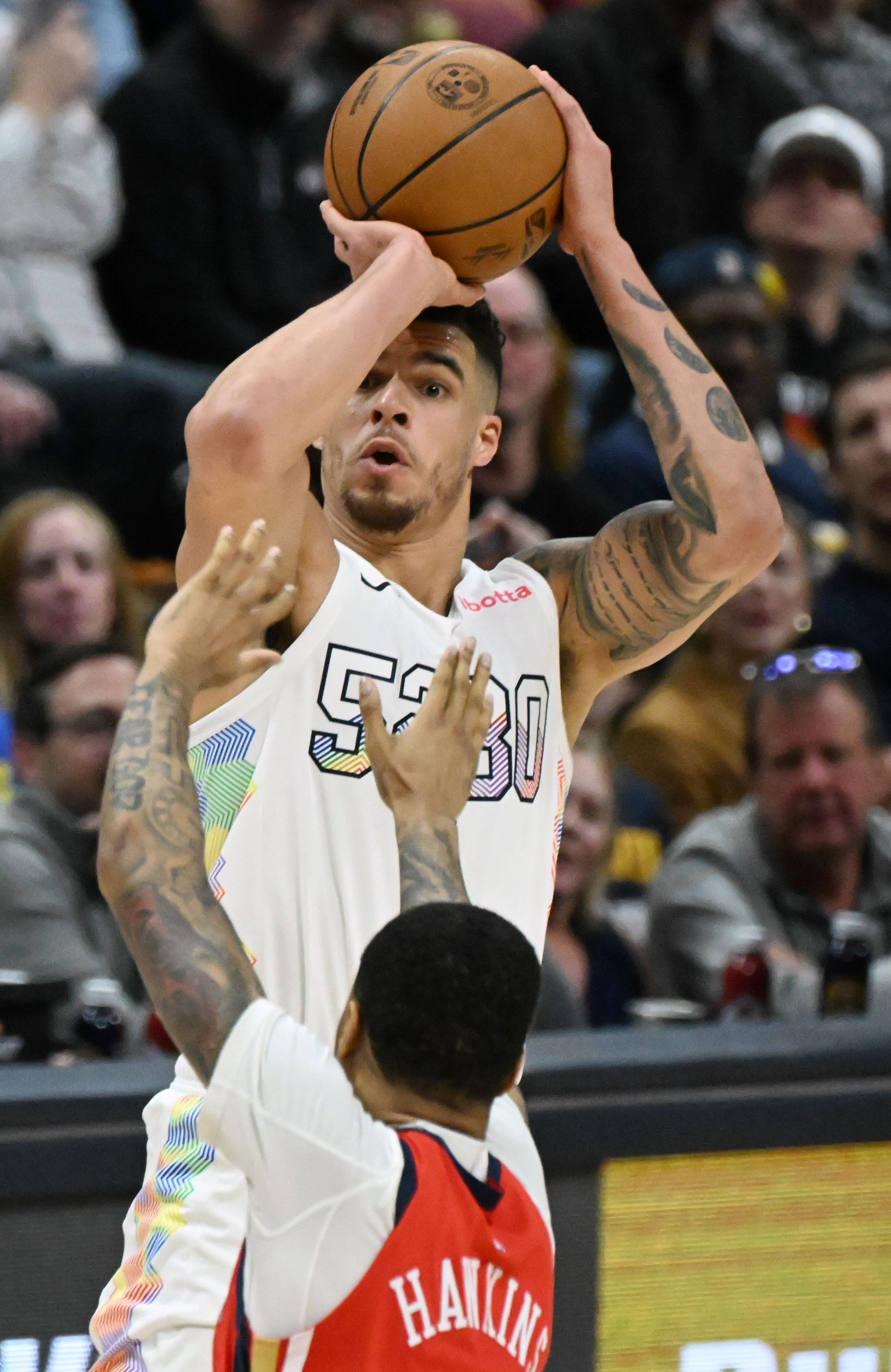 Michael Porter, Jr. puts up three of his 39 points during the third quarter of a game at Ball Arena on Wednesday, Feb. 5, 2025. The Nuggets defeated the Pelicans 144-119. (Jerilee Bennett,The Gazette)