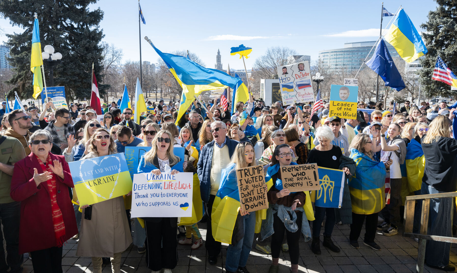 People listen to speakers at the steps of the Colorado State Capitol Sunday, Feb. 23, 2025, in Denver during a Stand for Ukraine Rally on the eve of the third anniversary of Russia's attack on Ukraine. About 1,000 people showed up at the rally organized by Ukrainians of Colorado. (The Gazette, Christian Murdock) (Christian Murdock, The Gazette)