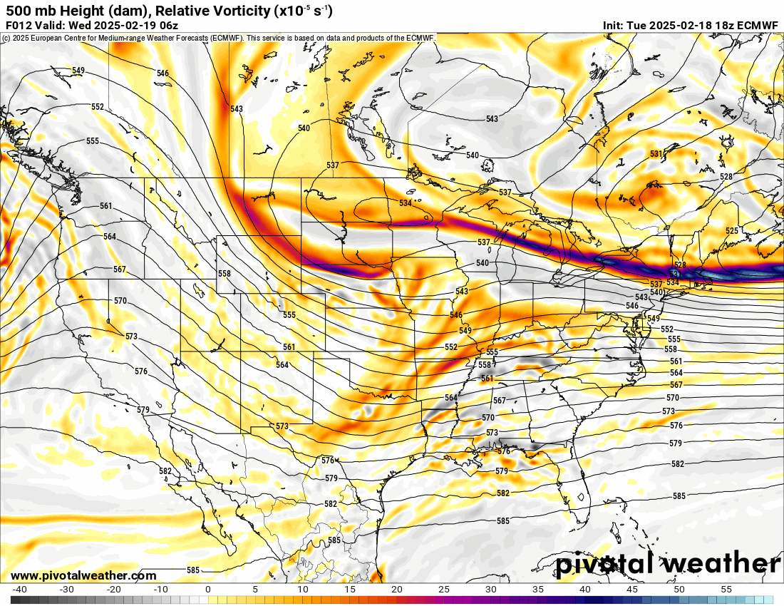 An ECMWF 500 mb Height (dam), Wind (kt) forecast loop of the U.S. from 11 a.m., Tuesday, Feb. 18 to 8 a.m., Saturday, Feb. 22, 2025 (PivotalWeather.com)