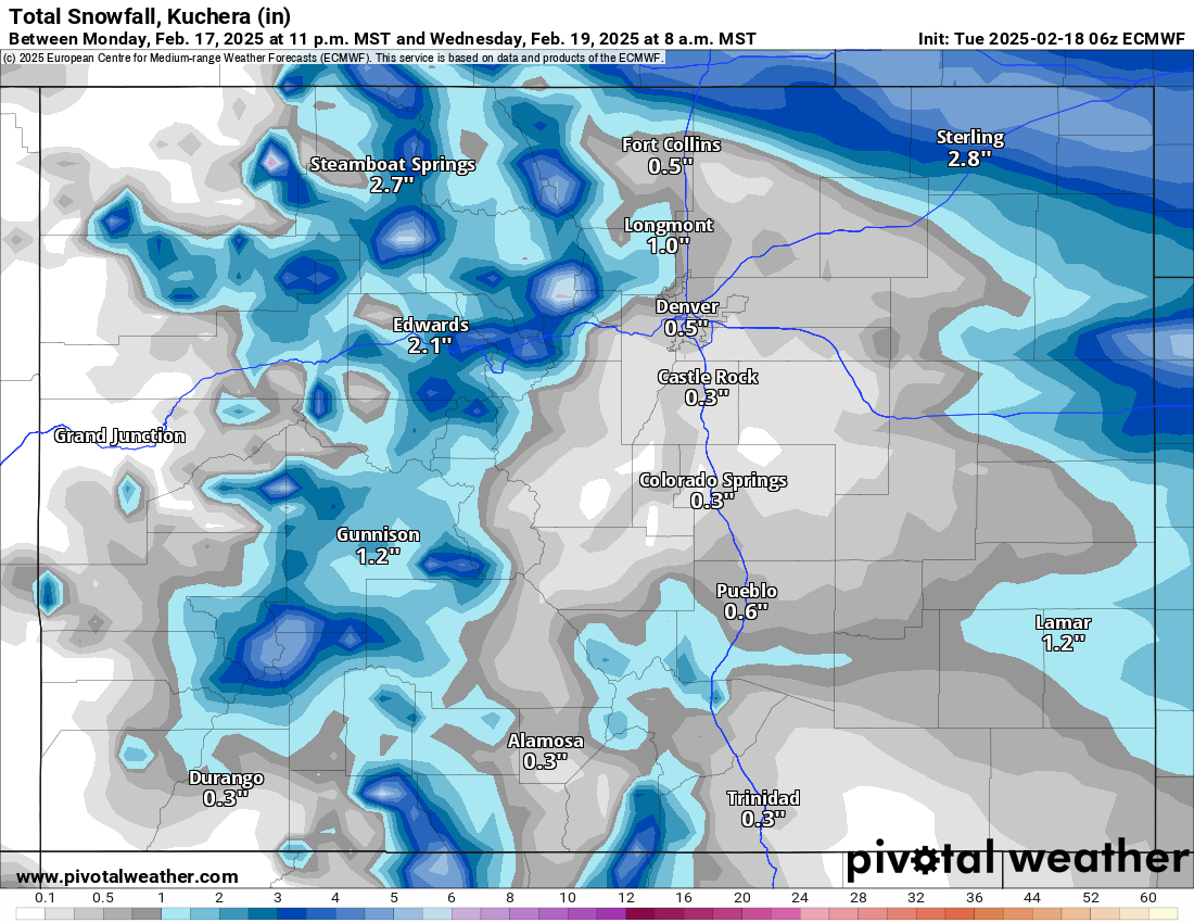 Snowfall totals for Colorado’s ski areas for Tuesday, Feb. 18, one resort received 16″ in 24 hours