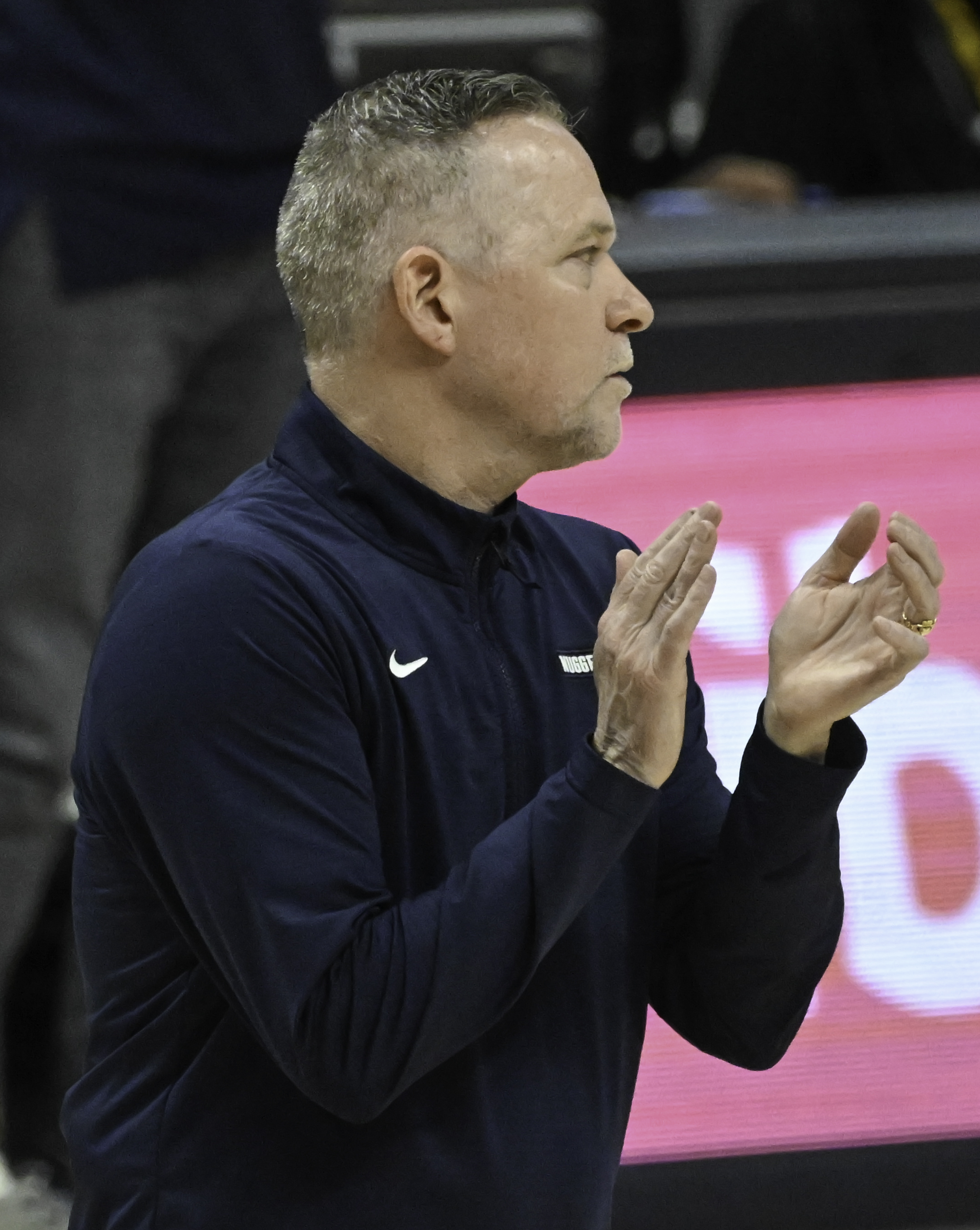 Nuggets Head coach Michael Malone is happy with what he sees during a game at Ball Arena on Wednesday, Feb. 5, 2025. The Nuggets defeated the Pelicans 144-119. (Jerilee Bennett,The Gazette)