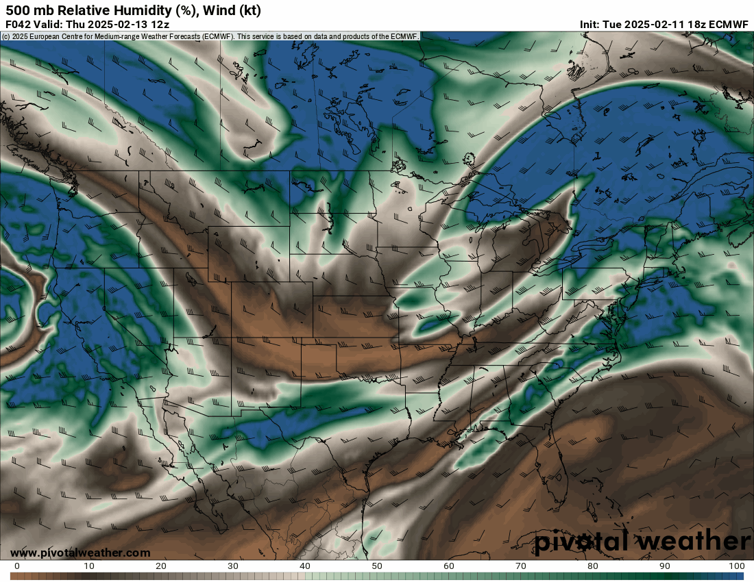 An ECMWF 500 mb Relative Humidity (%), Wind (kt) forecast loop of the U.S. from 5 a.m., Thursday, Feb. 13 to 2 a.m., Sunday, Feb. 16, 2025. The dark blue colors represent moisture levels between 14,000 to 20,000 feet in elevation. (PivotalWeather.com)