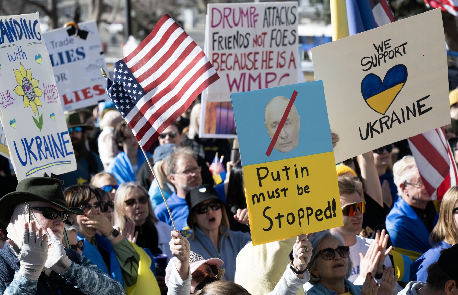 The crowd cheers in support of Ukraine during a Stand for Ukraine rally on steps of the Colorado State Capitol Sunday, Feb. 23, 2025, in Denver. The rally on the eve of the third anniversary of Russia's attack on Ukraine was organized by Ukrainians of Colorado. (The Gazette, Christian Murdock) (Christian Murdock, The Gazette)