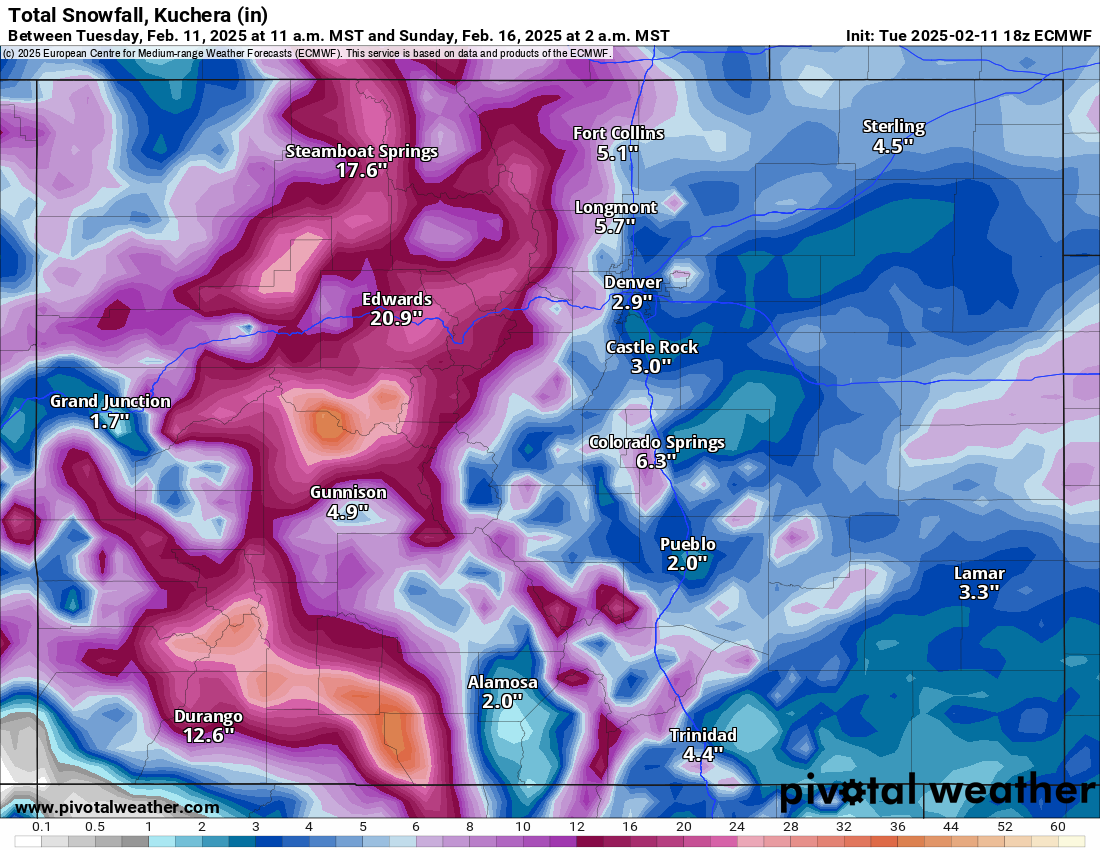 An ECMWF Total snowfall, Kuchera (in) forecast map for Colorado from 11 a.m., Tuesday, Feb. 11 to 2 a.m., Sunday, Feb. 19, 2025. (PivotalWeather.com)
